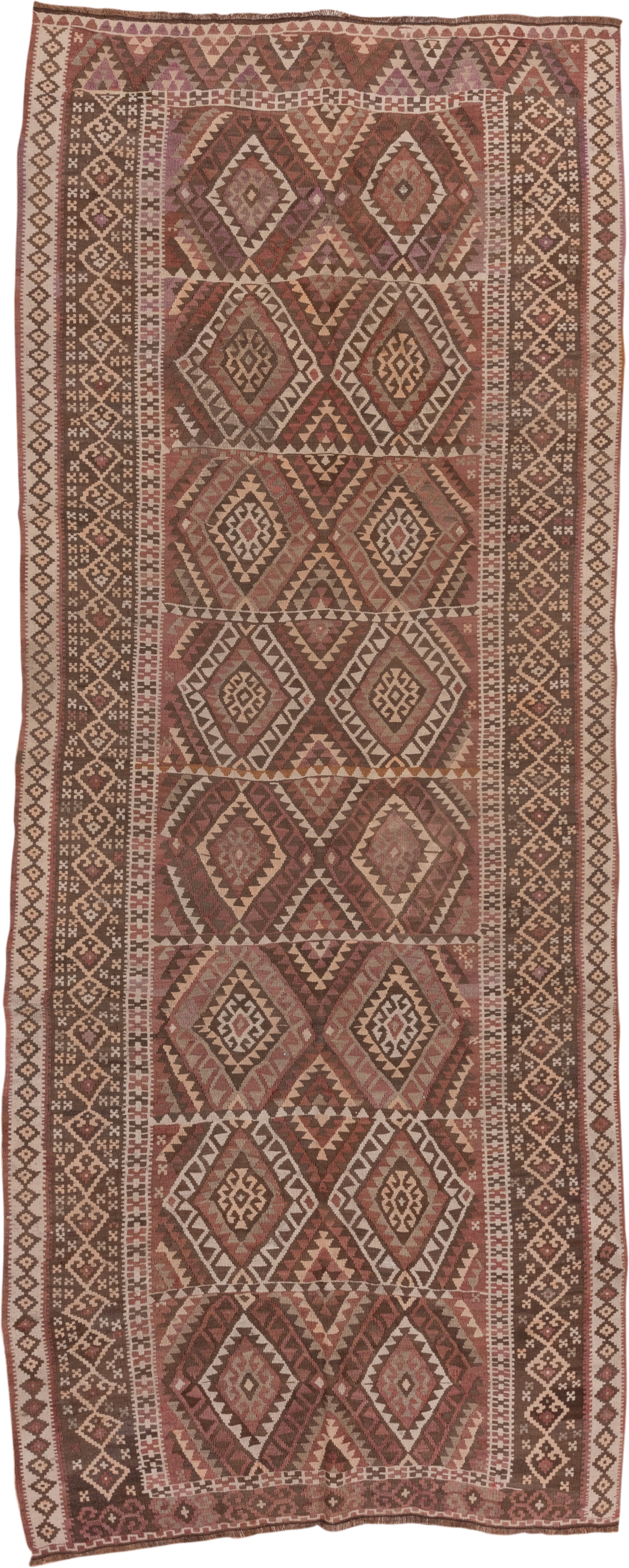4' x 11' one-of-a-kind handmade vintage Kilim runner rug. Color palette: rose, rust, brown, ivory, taupe, mauve, pink, red