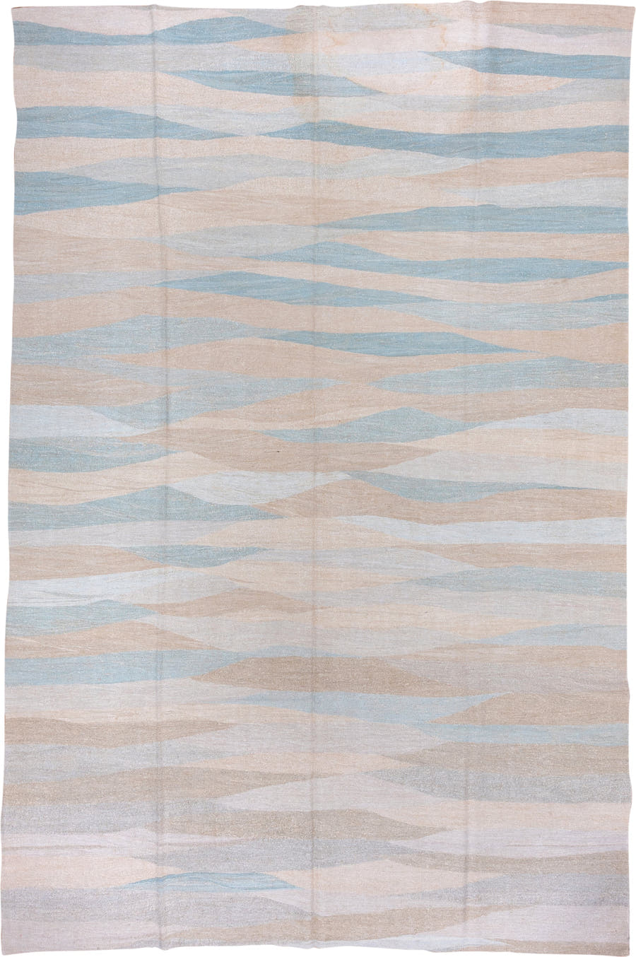 9' x 14' one-of-a-kind handmade vintage Kilim large size rug. Color palette: ivory, pale blue, beige, taupe, light blue