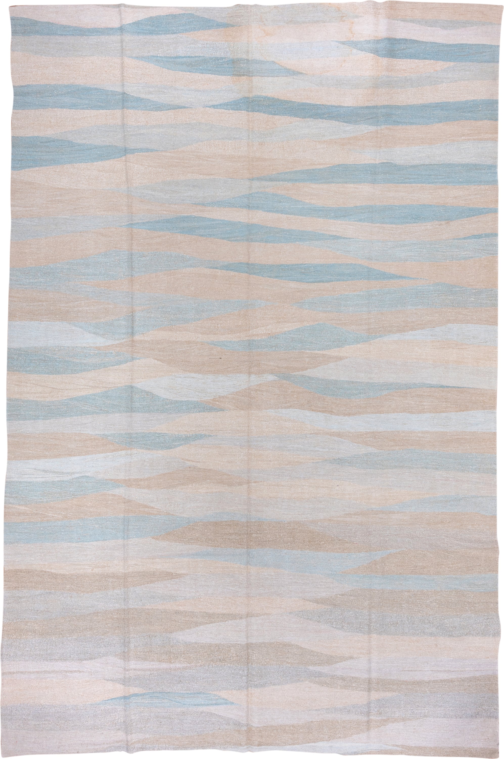 9' x 14' one-of-a-kind handmade vintage Kilim large size rug. Color palette: ivory, pale blue, beige, taupe, light blue
