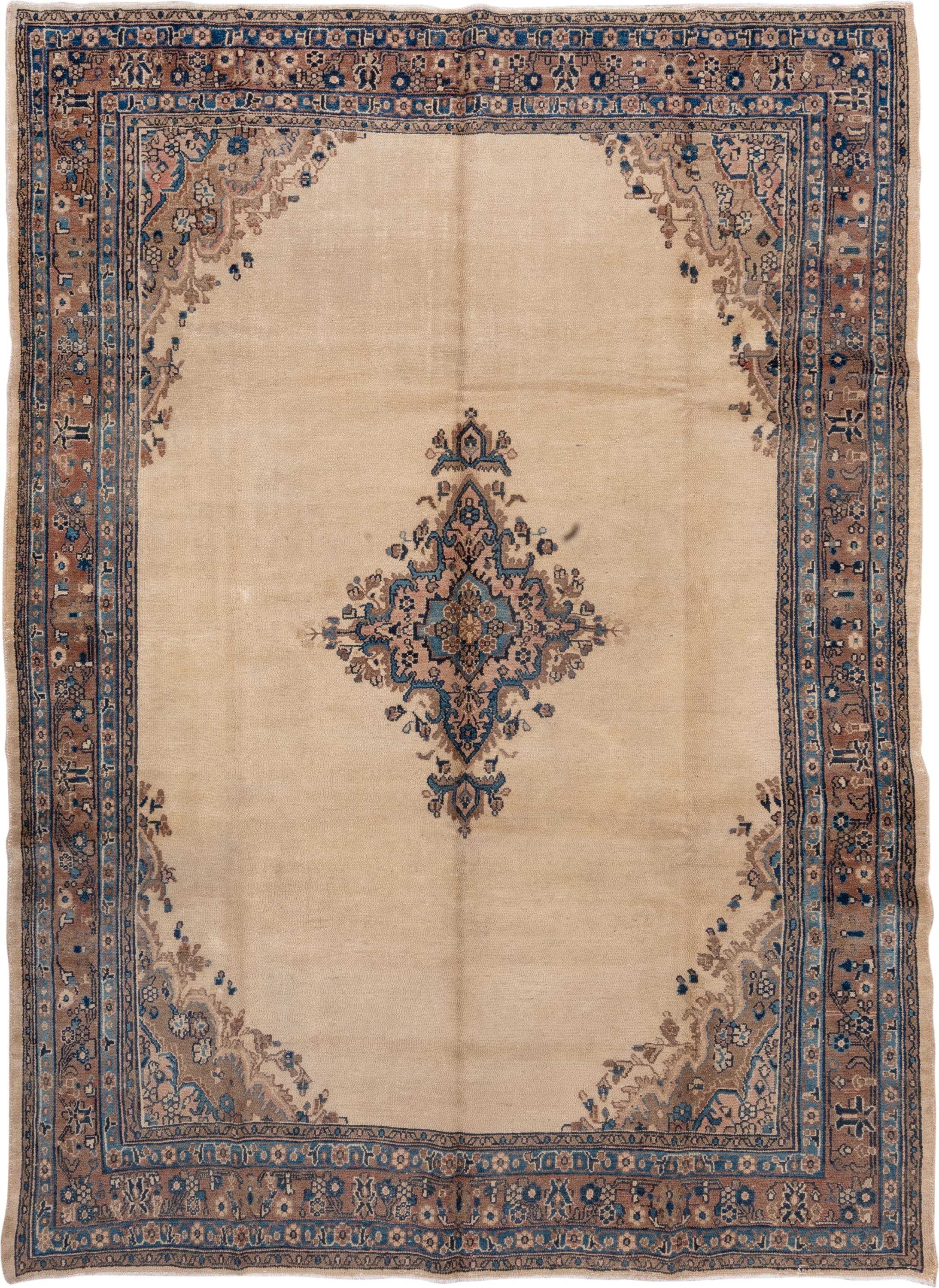 8' x 11' one-of-a-kind handmade vintage Hamadan large size rug. Color palette: ivory, taupe, blue, rust, camel, slate, beige