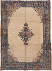 8' x 11' one-of-a-kind handmade vintage Hamadan large size rug. Color palette: ivory, taupe, blue, rust, camel, slate, beige