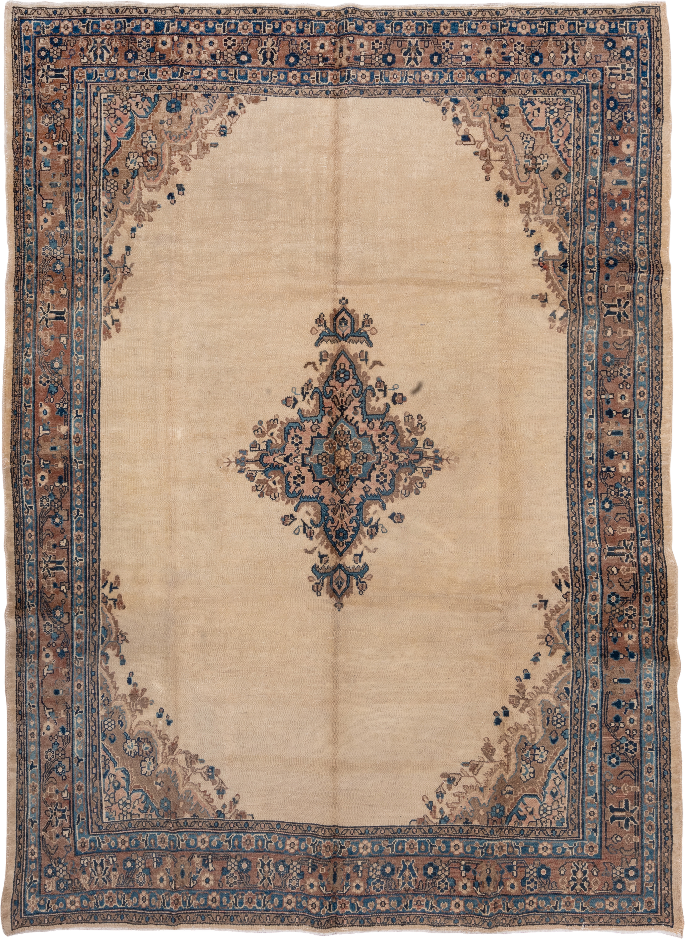 8' x 11' one-of-a-kind handmade vintage Hamadan large size rug. Color palette: ivory, taupe, blue, rust, camel, slate, beige