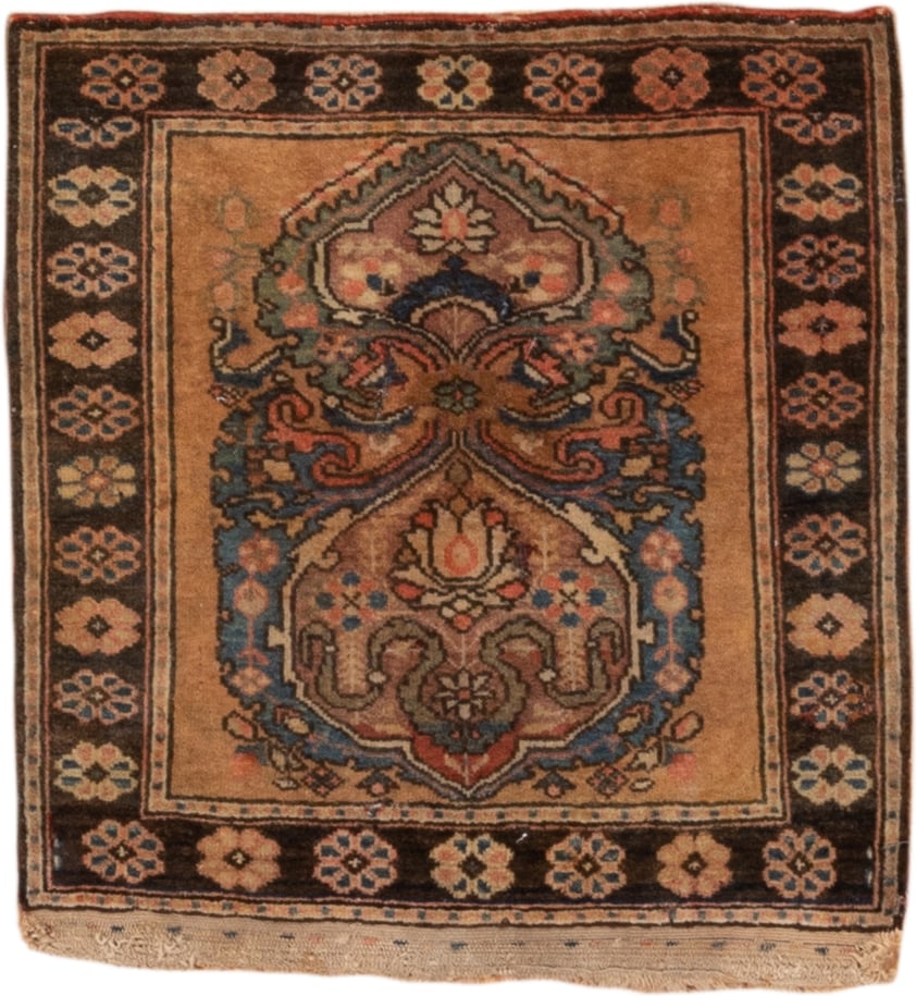 1' x 1' one-of-a-kind handmade antique Sarouk small size rug. Color palette: camel, brown, navy, rose, ivory, rust, slate