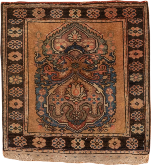 1' x 1' one-of-a-kind handmade antique Sarouk small size rug. Color palette: camel, brown, navy, rose, ivory, rust, slate