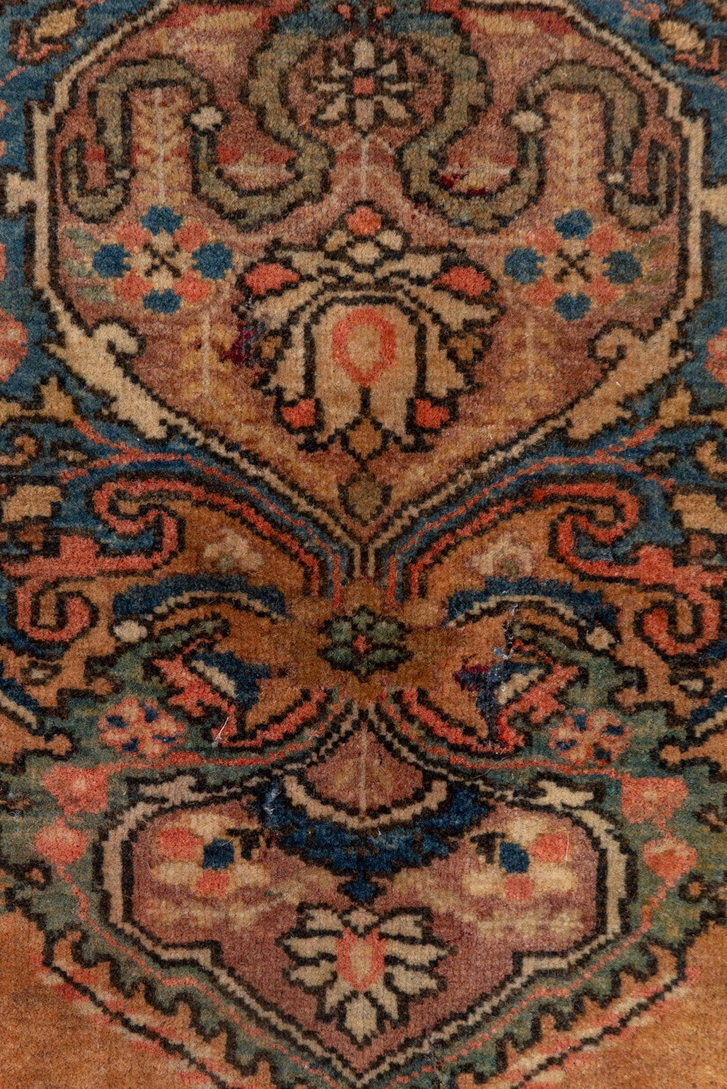 1' x 1' one-of-a-kind handmade antique Sarouk small size rug. Color palette: camel, brown, navy, rose, ivory, rust, slate