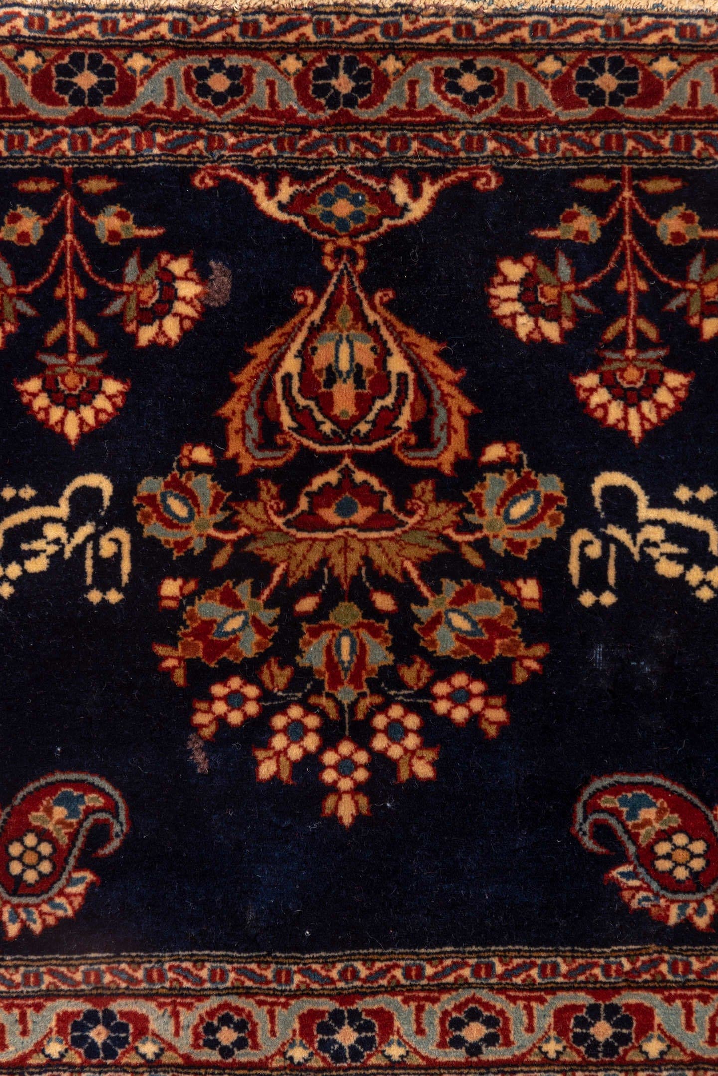 1' x 1' one-of-a-kind handmade vintage Kashan small size rug. Color palette: navy, ivory, rust, rose, camel, charcoal, blue