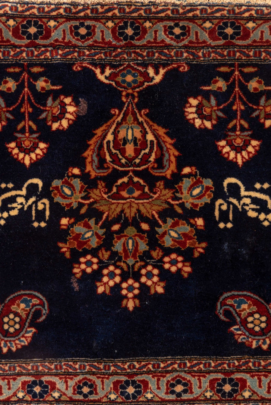 1' x 1' one-of-a-kind handmade vintage Kashan small size rug. Color palette: navy, ivory, rust, rose, camel, charcoal, blue