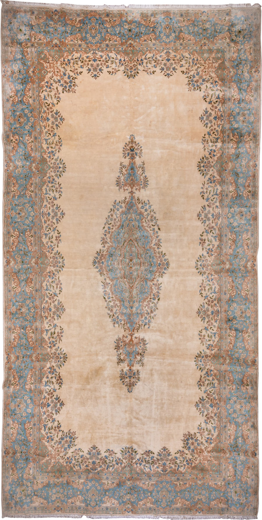 9' x 18' one-of-a-kind handmade vintage Kerman rug. Color palette: ivory, sky blue, beige, taupe, camel, slate, light blue