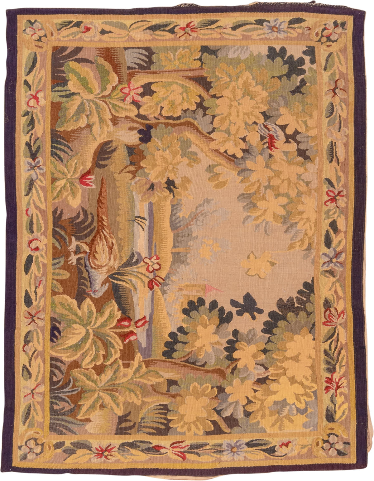 4' x 5' one-of-a-kind handmade vintage Tapestry small size rug. Color palette: beige, gold, sage, slate, brown, rose