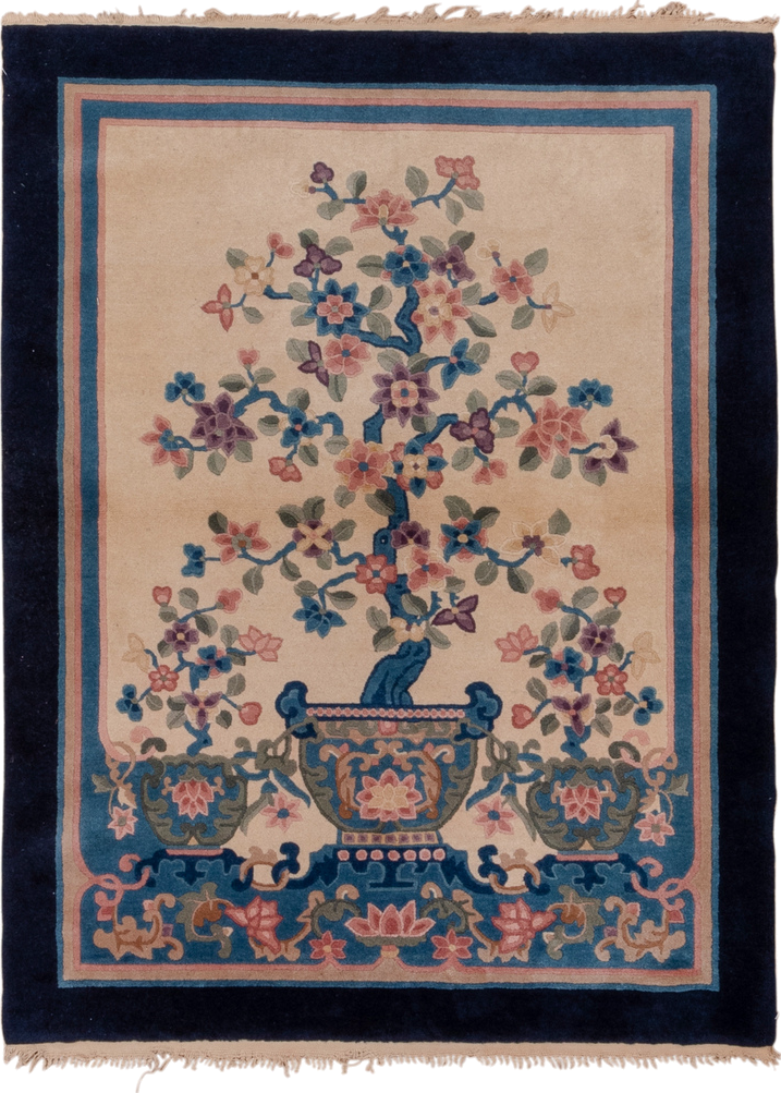 4' x 5' one-of-a-kind handmade vintage Chinese small size rug. Color palette: ivory, navy, blue, rose, sage, lavender, taupe