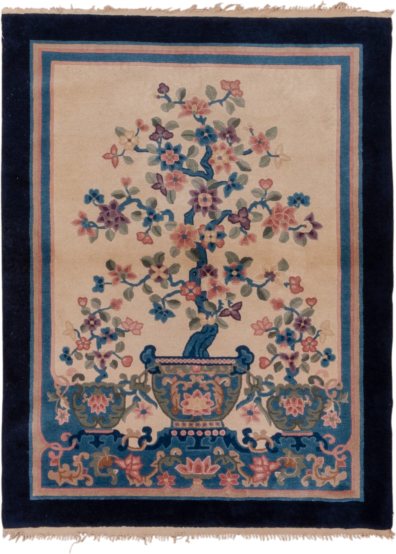 4' x 5' one-of-a-kind handmade vintage Chinese small size rug. Color palette: ivory, navy, blue, rose, sage, lavender, taupe