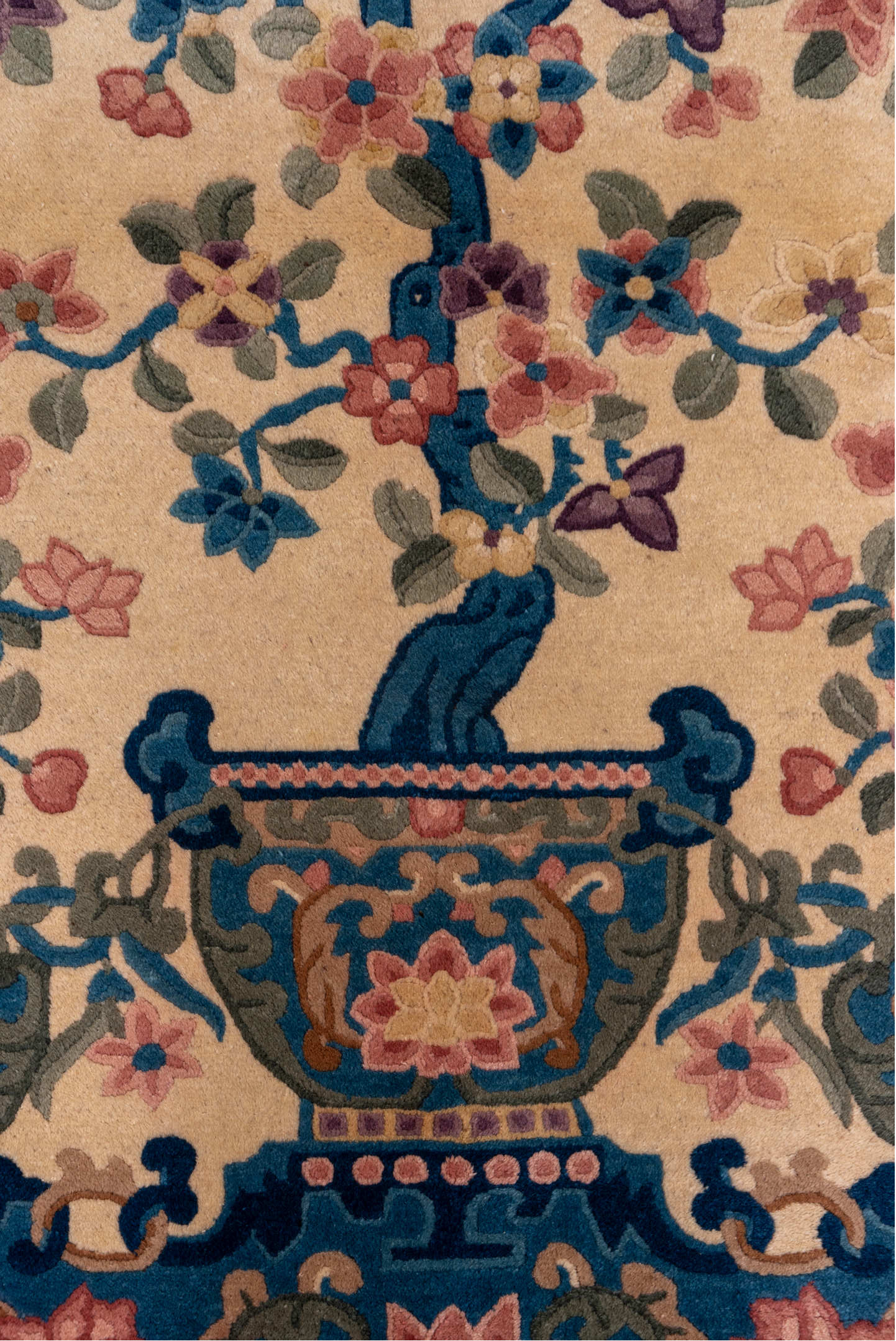 4' x 5' one-of-a-kind handmade vintage Chinese small size rug. Color palette: arapawa, black, blue, brown, charcoal, gray