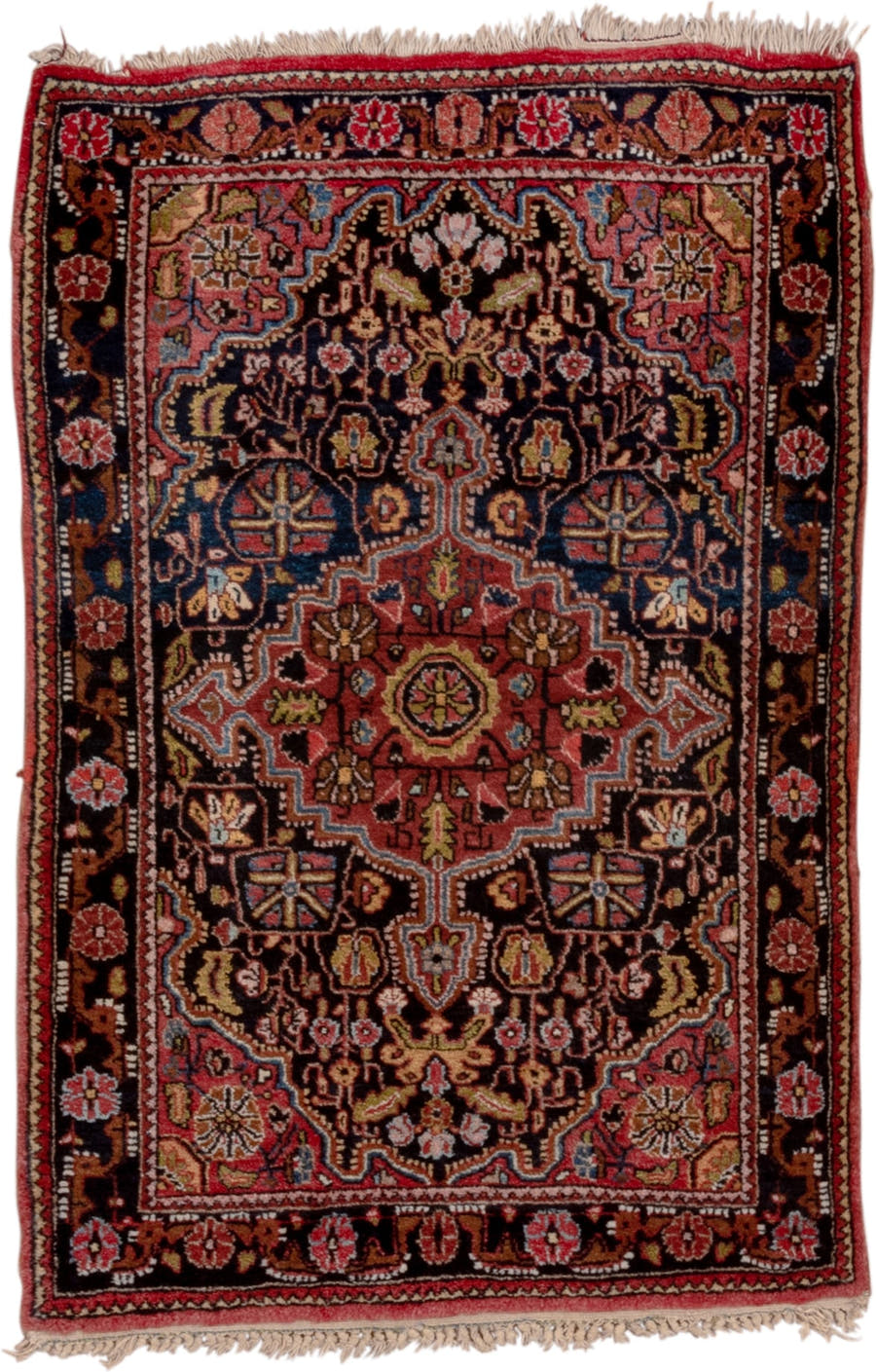 2' x 3' one-of-a-kind handmade vintage Jozan small size rug. Color palette: navy, rust, rose, ivory, sky blue, burgundy