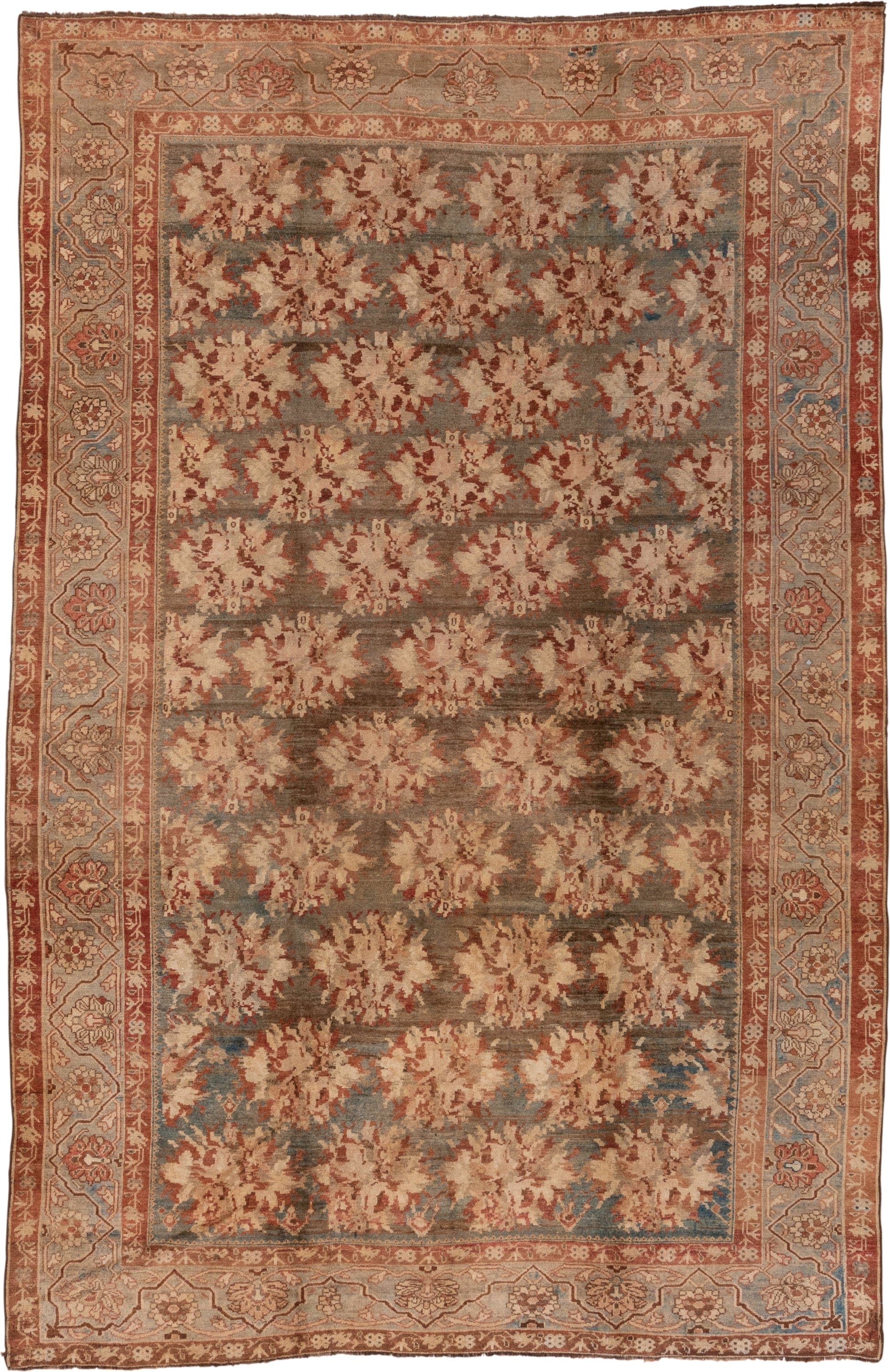 6' x 10' one-of-a-kind handmade antique Baktiary large size rug. Color palette: ivory, taupe, rust, blue_gray, rose, camel