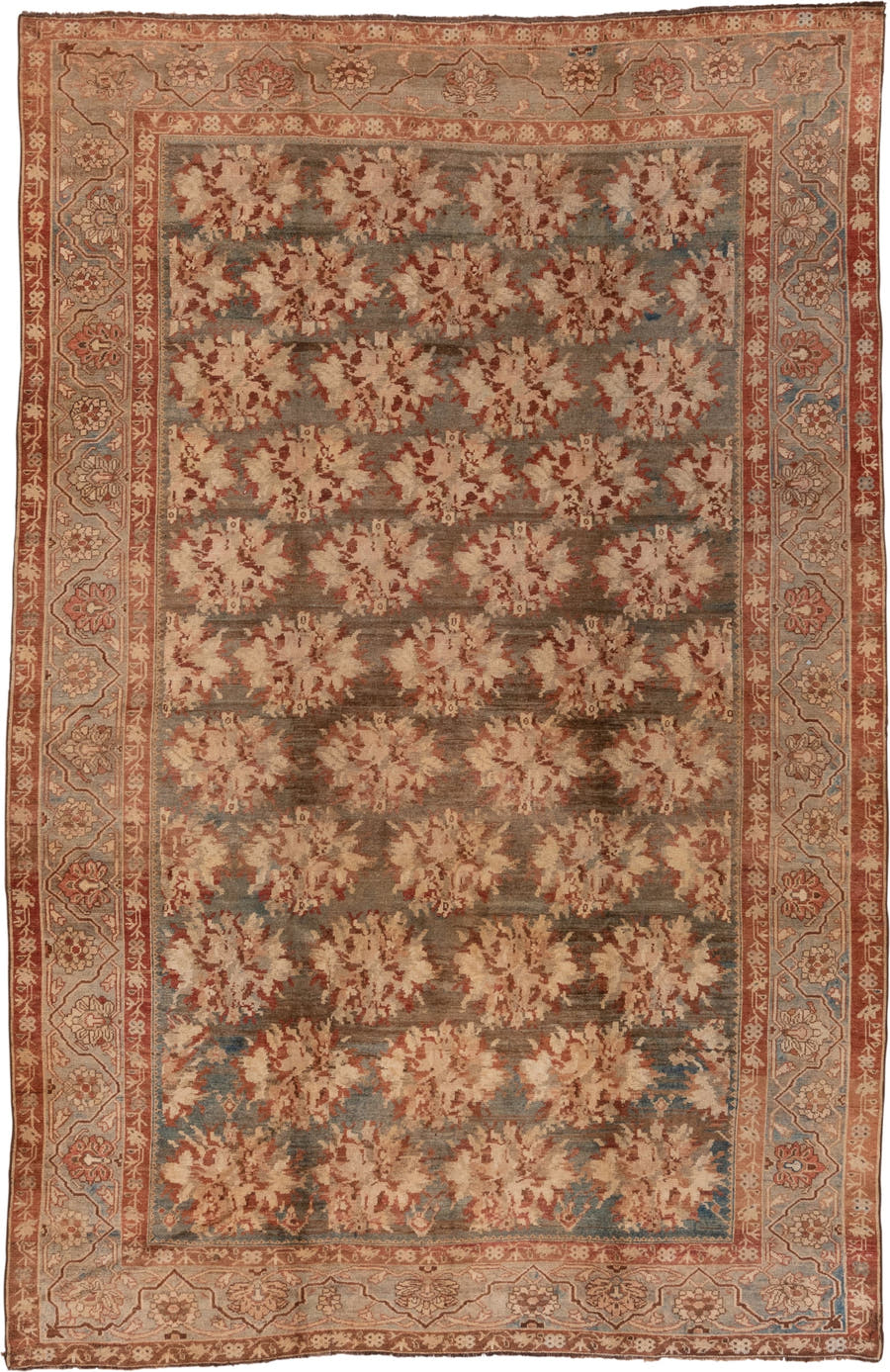 6' x 10' one-of-a-kind handmade antique Baktiary large size rug. Color palette: ivory, taupe, rust, blue_gray, rose, camel