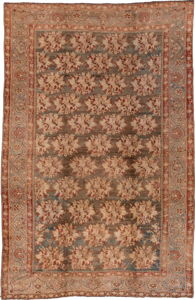 6' x 10' one-of-a-kind handmade vintage Baktiary large size rug. Color palette: brown, dim gray, gray, off-white, orange