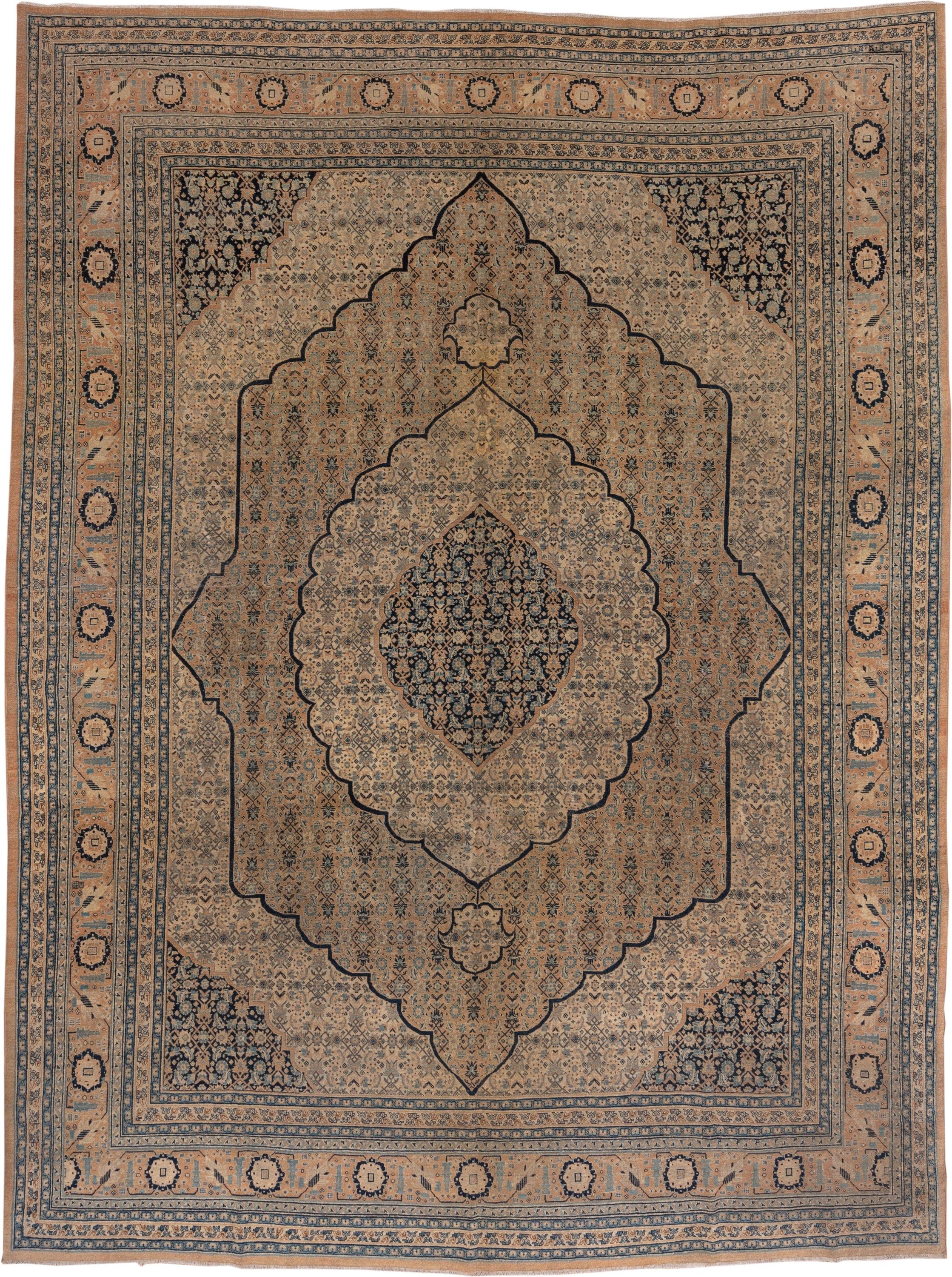 9' x 12' one-of-a-kind handmade antique Tabriz large size rug. Color palette: camel, ivory, navy, taupe, slate, sand, beige