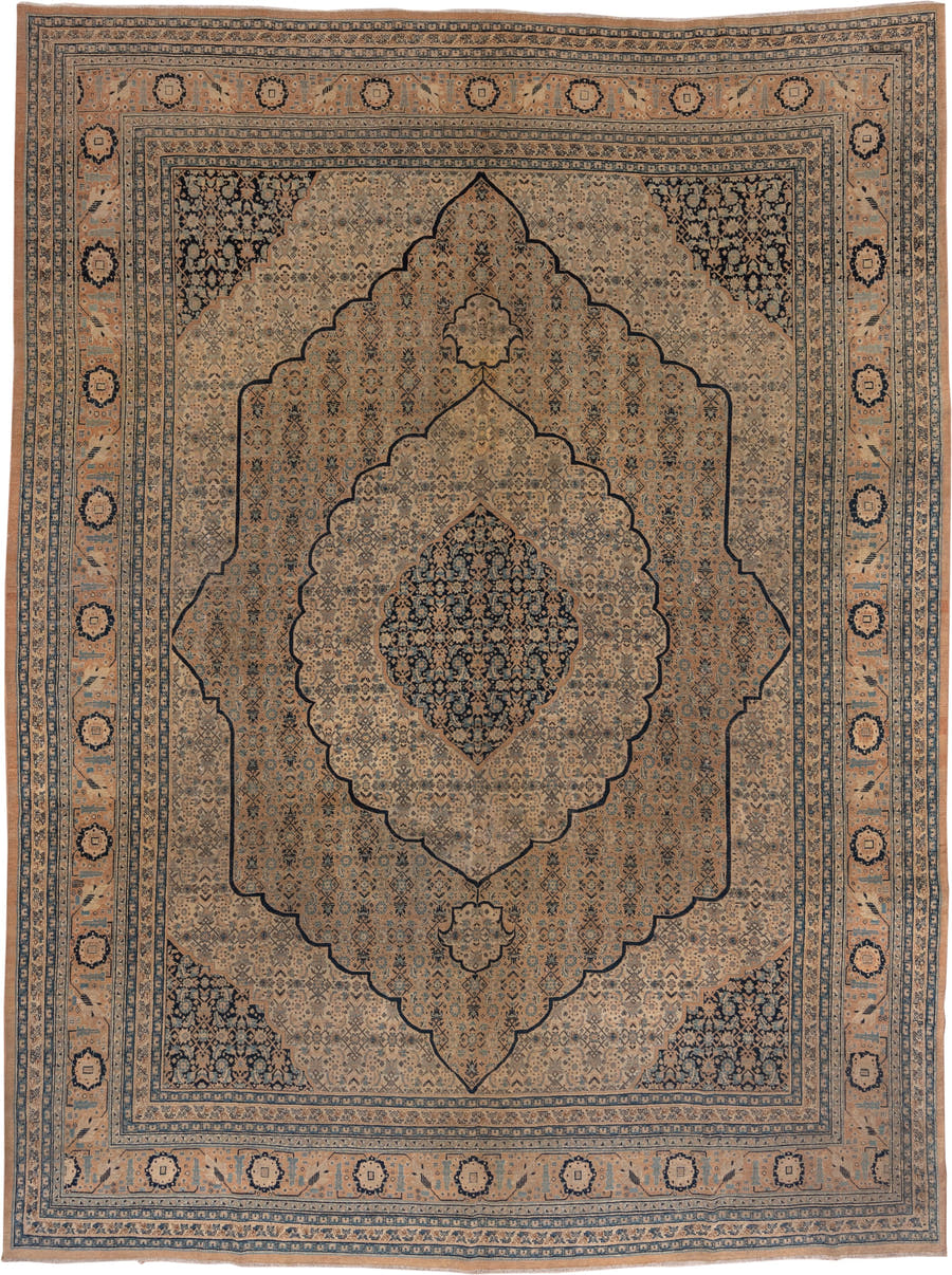9' x 12' one-of-a-kind handmade antique Tabriz large size rug. Color palette: camel, ivory, navy, taupe, slate, sand, beige