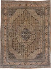 9' x 12' one-of-a-kind handmade antique Tabriz large size rug. Color palette: camel, ivory, navy, taupe, slate, sand, beige