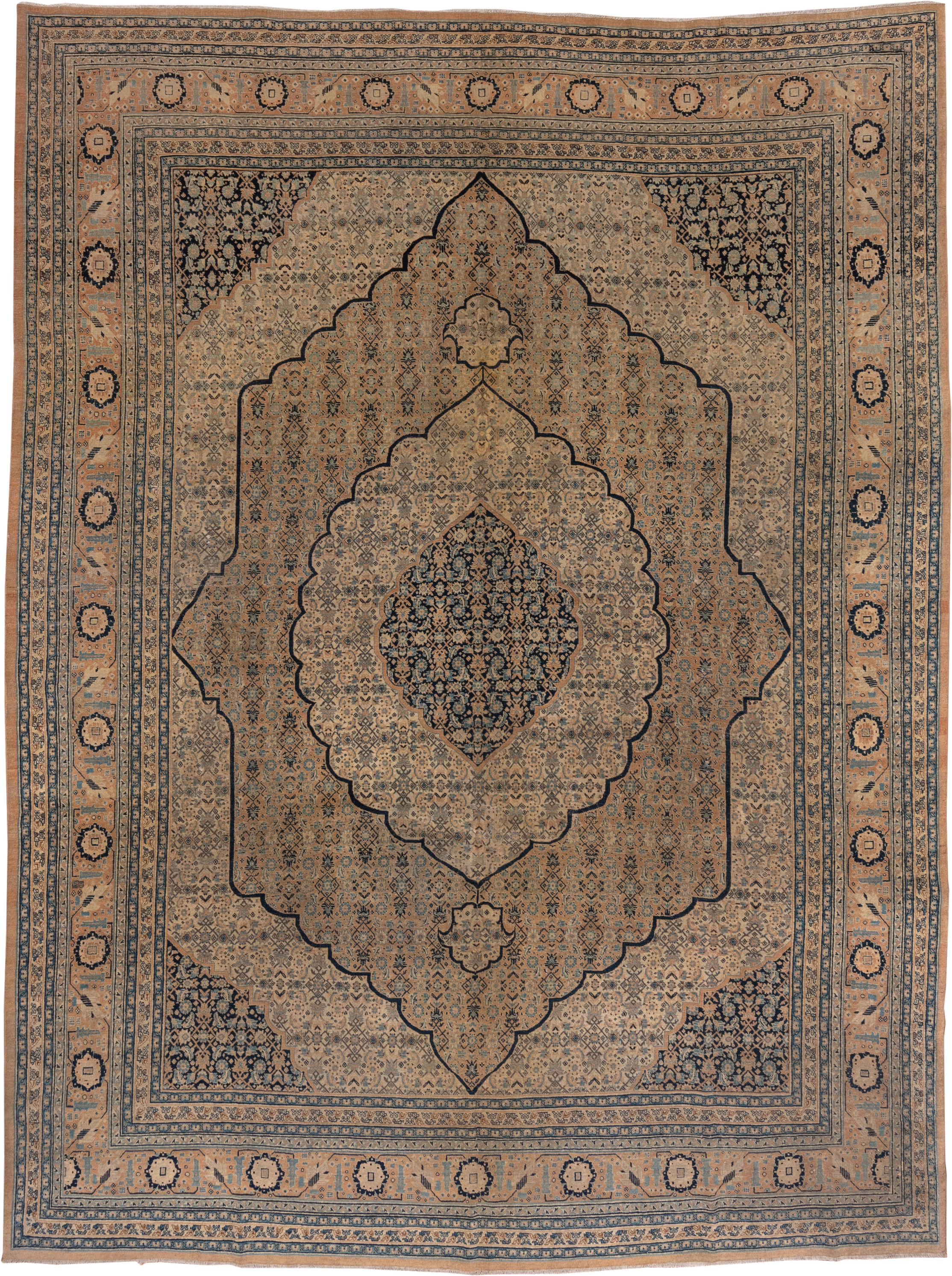 9' x 12' one-of-a-kind handmade antique Tabriz large size rug. Color palette: camel, ivory, navy, taupe, slate, sand, beige