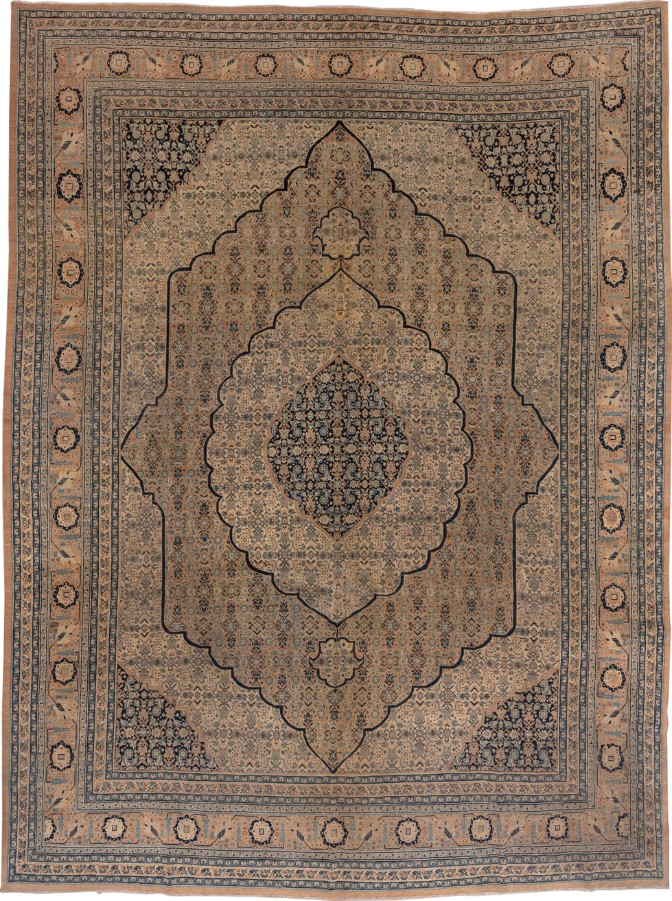 9' x 12' one-of-a-kind handmade vintage Tabriz large size rug. Color palette: black, blue, brown, charcoal, dim gray, gray