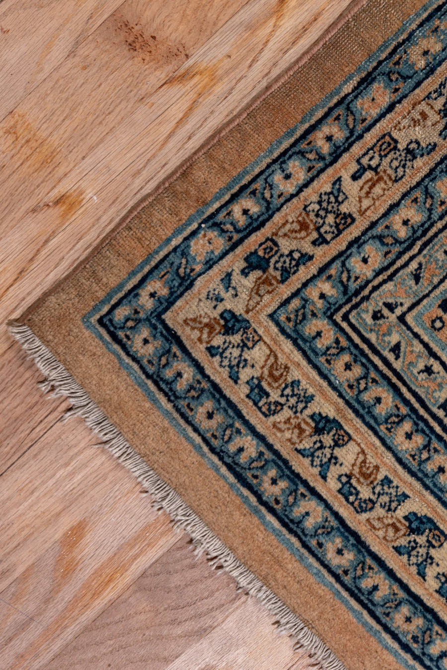 9' x 12' one-of-a-kind handmade antique Tabriz large size rug. Color palette: camel, ivory, navy, taupe, slate, sand, beige