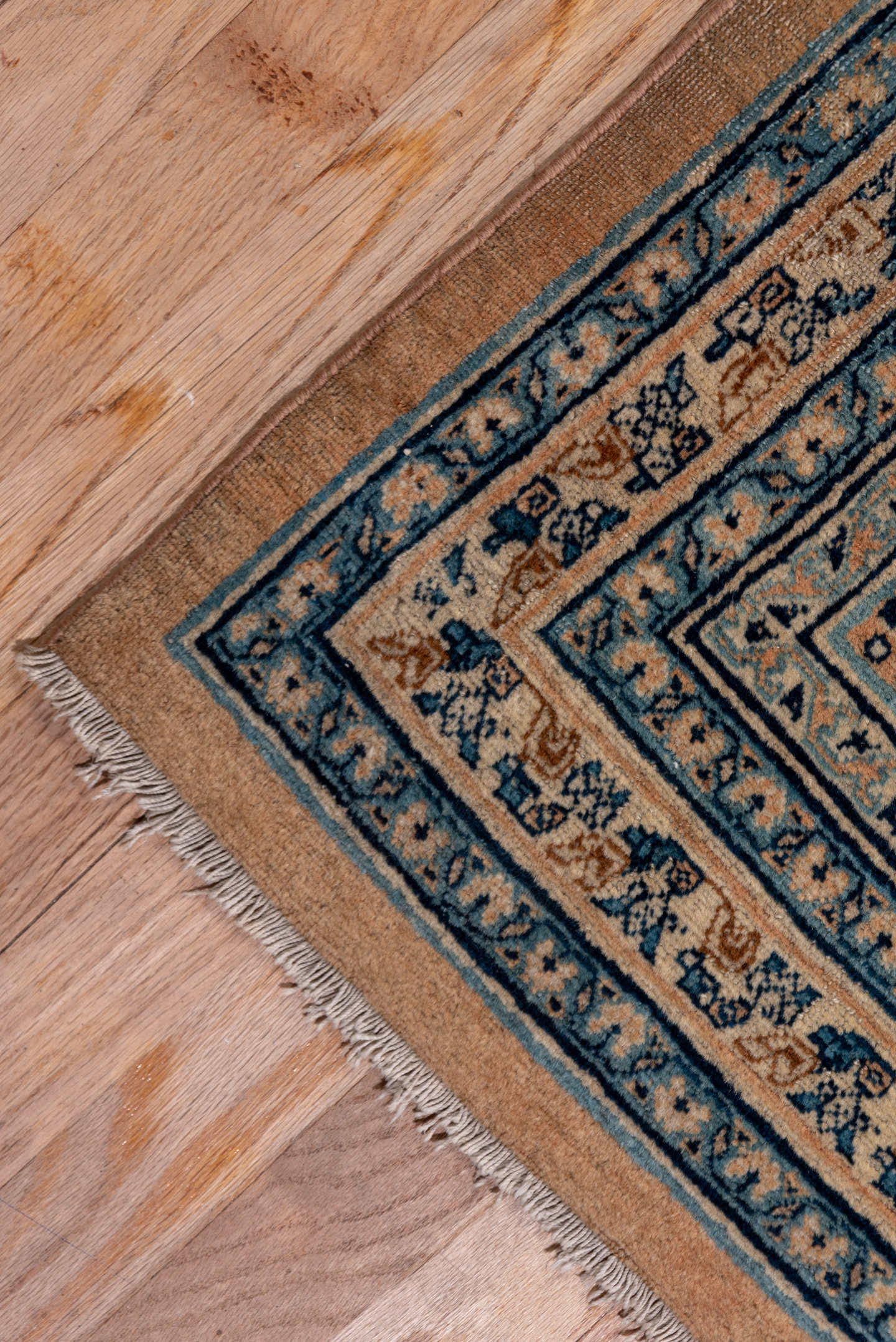 9' x 12' one-of-a-kind handmade antique Tabriz large size rug. Color palette: camel, ivory, navy, taupe, slate, sand, beige