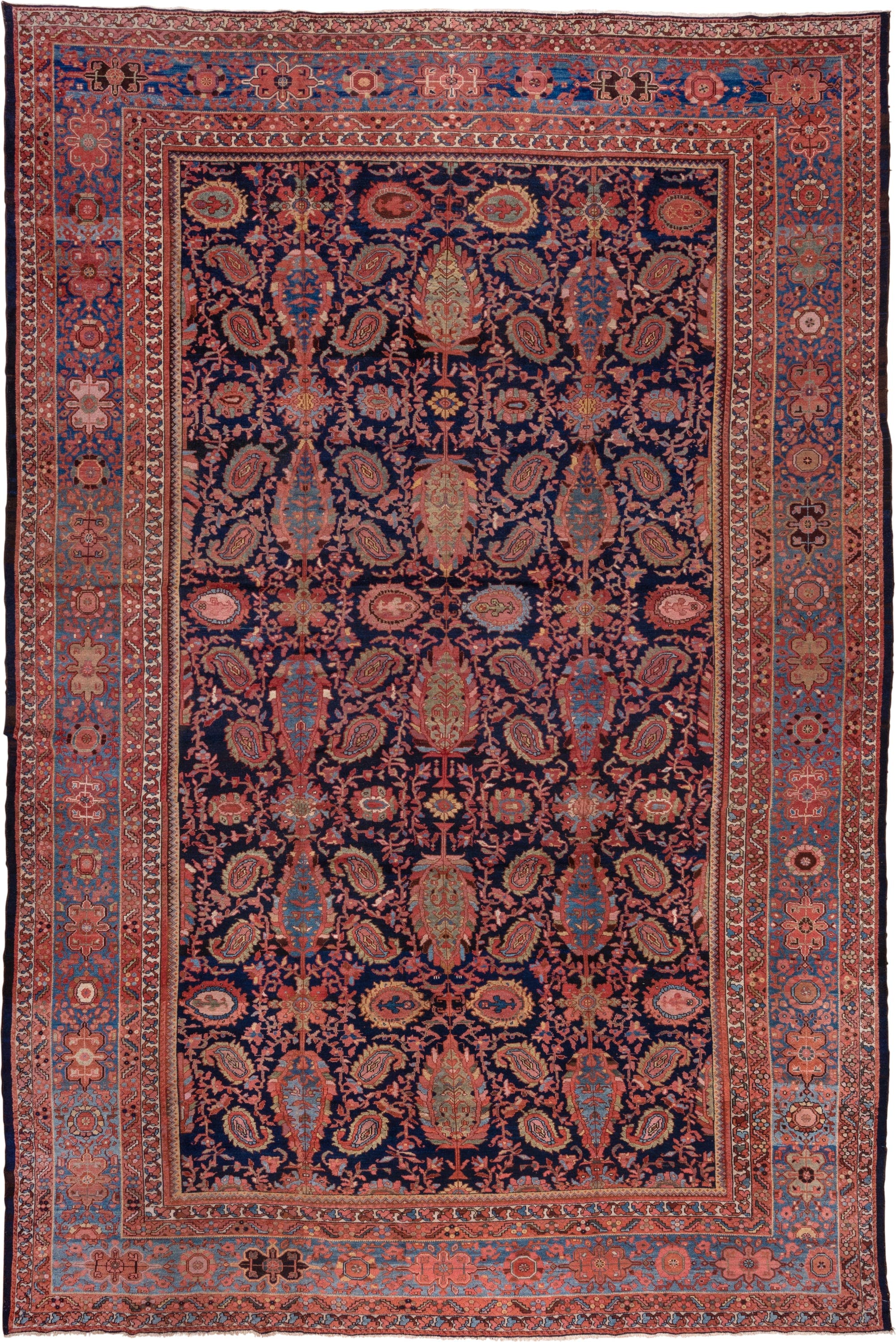 13' x 20' one-of-a-kind handmade vintage Malayer oversize rug. Color palette: indigo, sky blue, rust, coral, ivory, rose