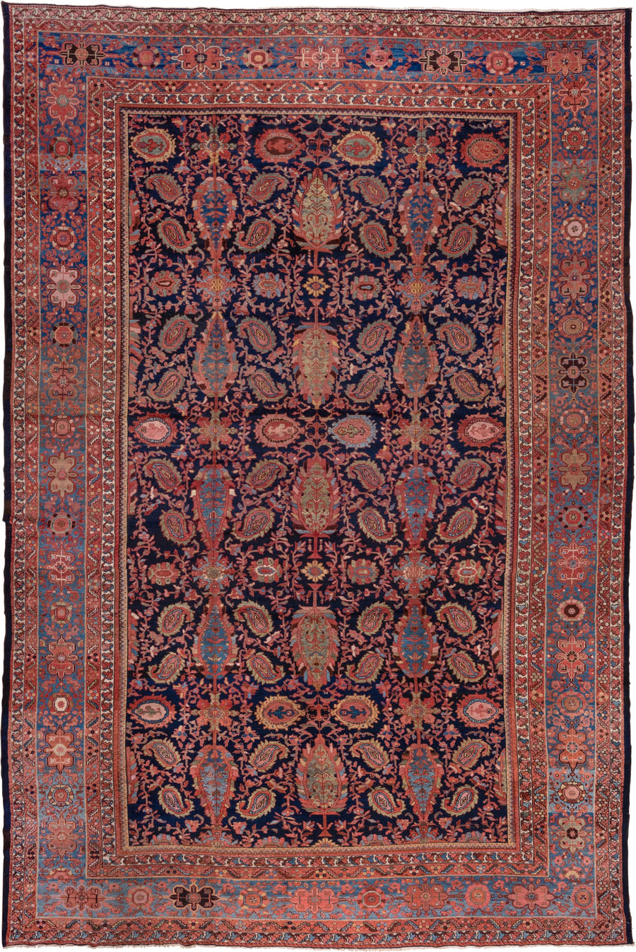 13' x 20' one-of-a-kind handmade vintage Malayer oversize rug. Color palette: indigo, sky blue, rust, coral, ivory, rose