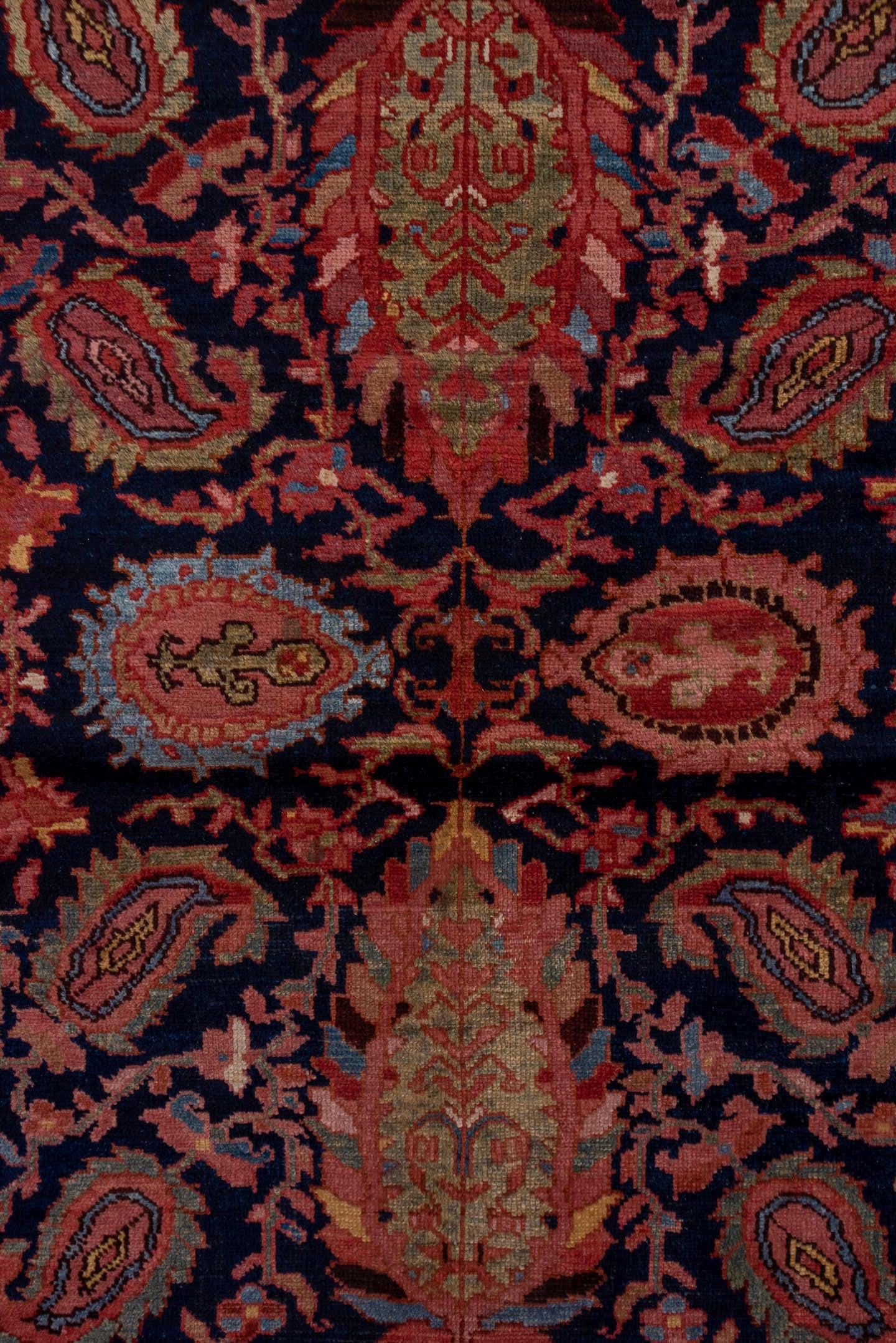 13' x 20' one-of-a-kind handmade vintage Malayer oversize rug. Color palette: indigo, sky blue, rust, coral, ivory, rose