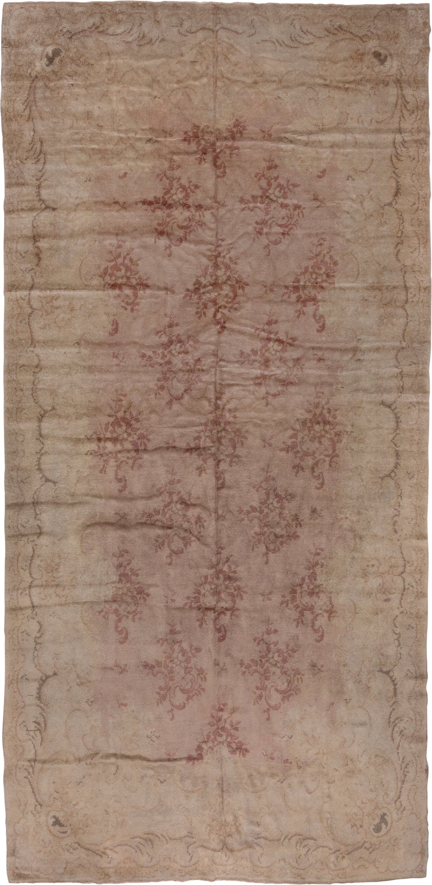 8' x 17' one-of-a-kind handmade antique Savonnerie rug. Color palette: beige, blush, rose, taupe, ivory, dusty pink, pink