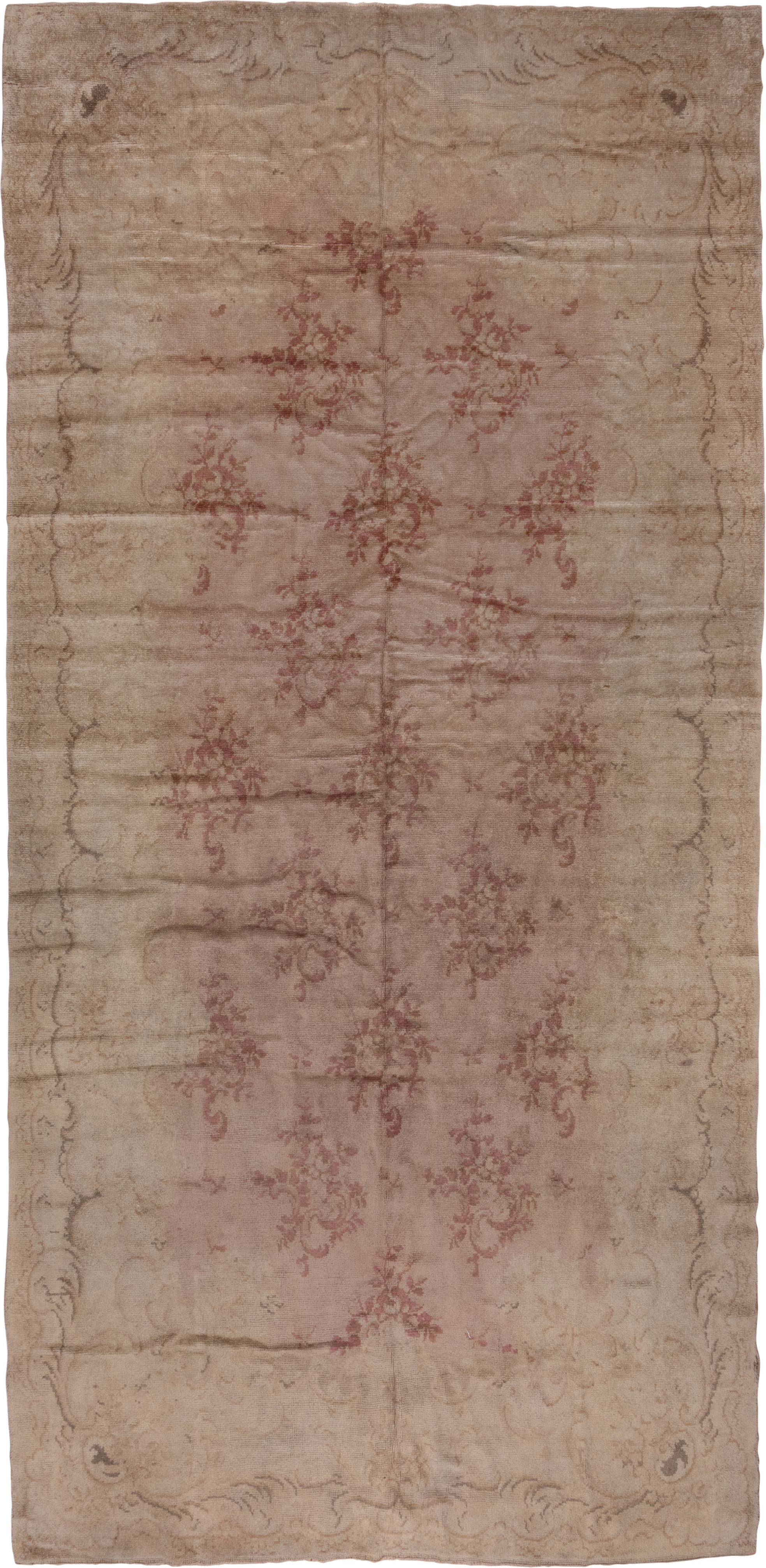 8' x 17' one-of-a-kind handmade antique Savonnerie rug. Color palette: beige, blush, rose, taupe, ivory, dusty pink, pink