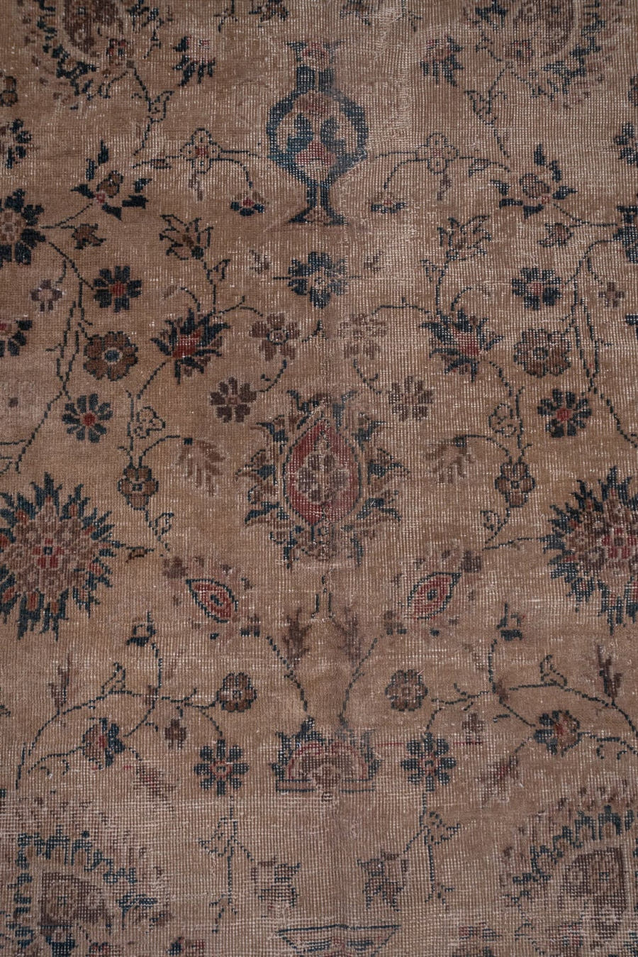 9' x 15' one-of-a-kind handmade antique Sparta rug. Color palette: taupe, navy, ivory, rose, slate, terra cotta, camel