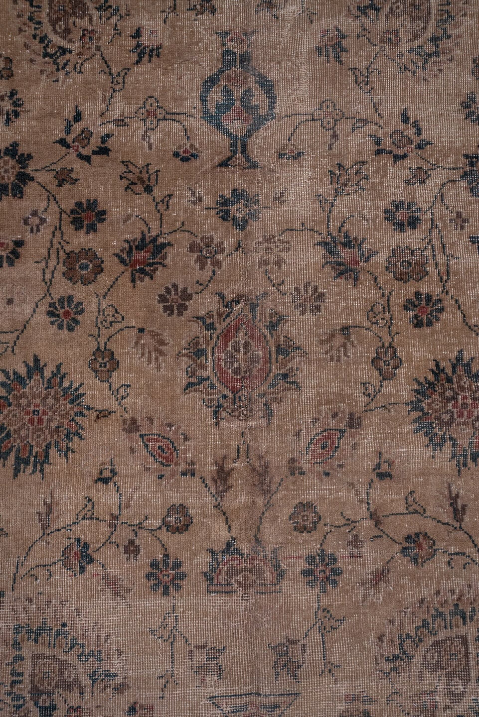 9' x 15' one-of-a-kind handmade antique Sparta rug. Color palette: taupe, navy, ivory, rose, slate, terra cotta, camel