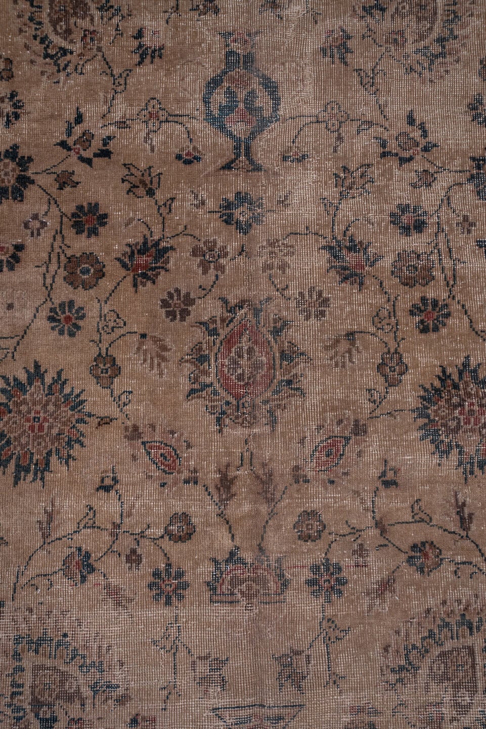 9' x 15' one-of-a-kind handmade antique Sparta rug. Color palette: taupe, navy, ivory, rose, slate, terra cotta, camel