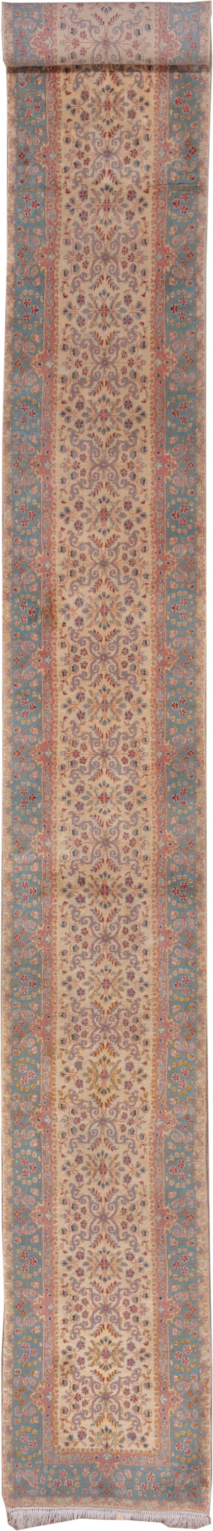 2' x 20' one-of-a-kind handmade vintage Kerman runner rug. Color palette: ivory, blue, rust, rose, gold, taupe, terracotta
