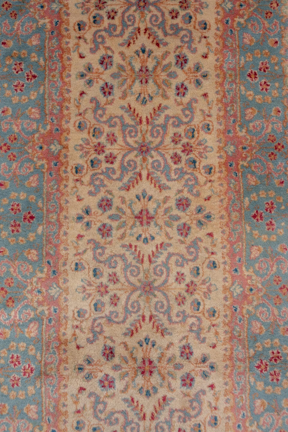 2' x 20' one-of-a-kind handmade vintage Kerman runner rug. Color palette: ivory, blue, rust, rose, gold, taupe, terracotta