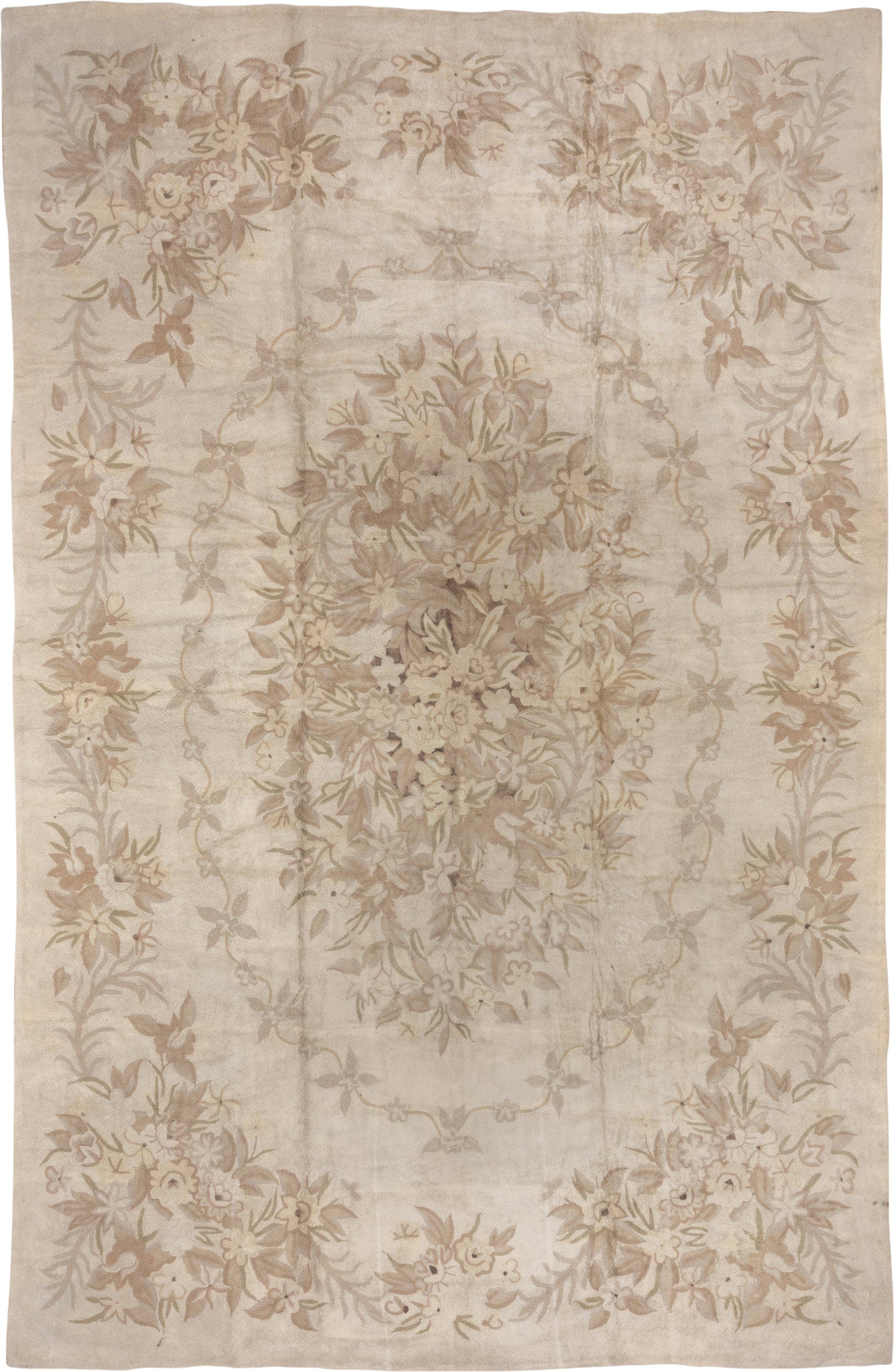 11' x 17' one-of-a-kind handmade antique Hooked oversize rug. Color palette: ivory, beige, taupe, cream, sand, gray