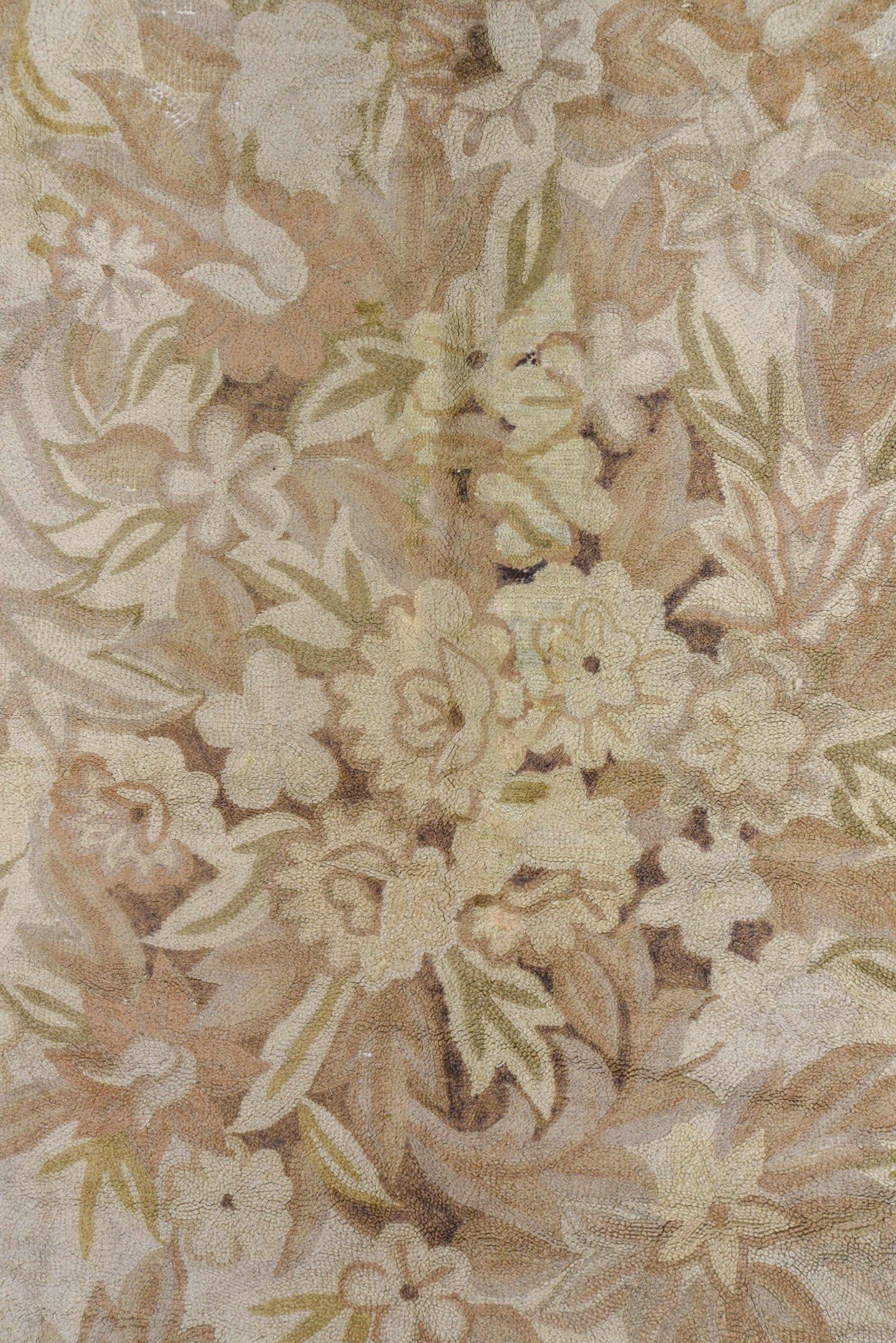 11' x 17' one-of-a-kind handmade antique Hooked oversize rug. Color palette: ivory, beige, taupe, cream, sand, gray