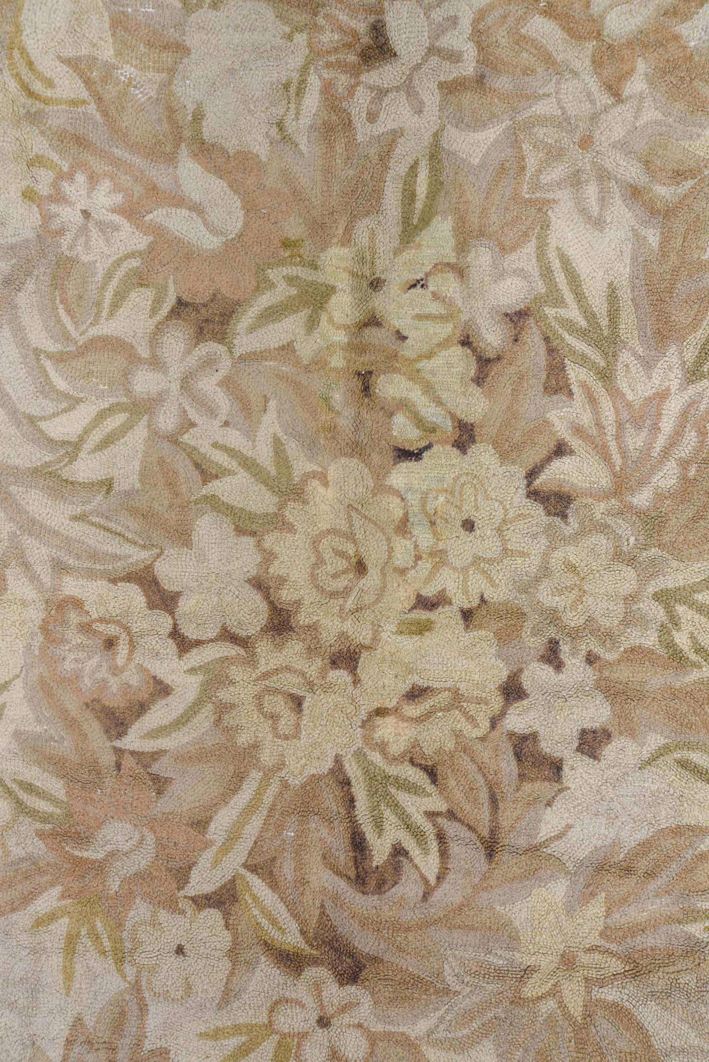11' x 17' one-of-a-kind handmade antique Hooked oversize rug. Color palette: ivory, beige, taupe, cream, sand, gray