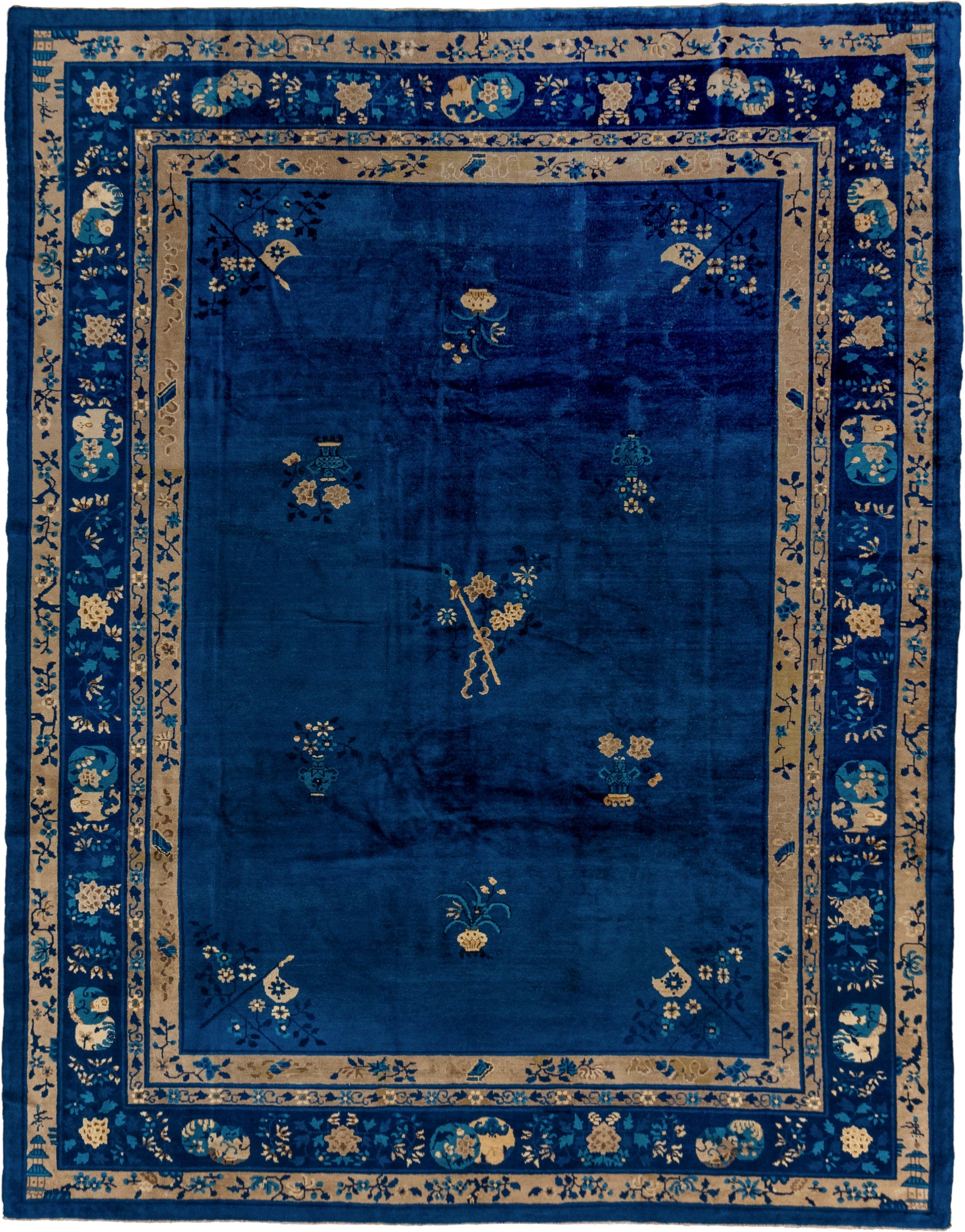 9' x 12' one-of-a-kind handmade antique Chinese large size rug. Color palette: cobalt, ivory, navy, teal, camel, charcoal