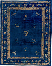 9' x 12' one-of-a-kind handmade antique Chinese large size rug. Color palette: cobalt, ivory, navy, teal, camel, charcoal