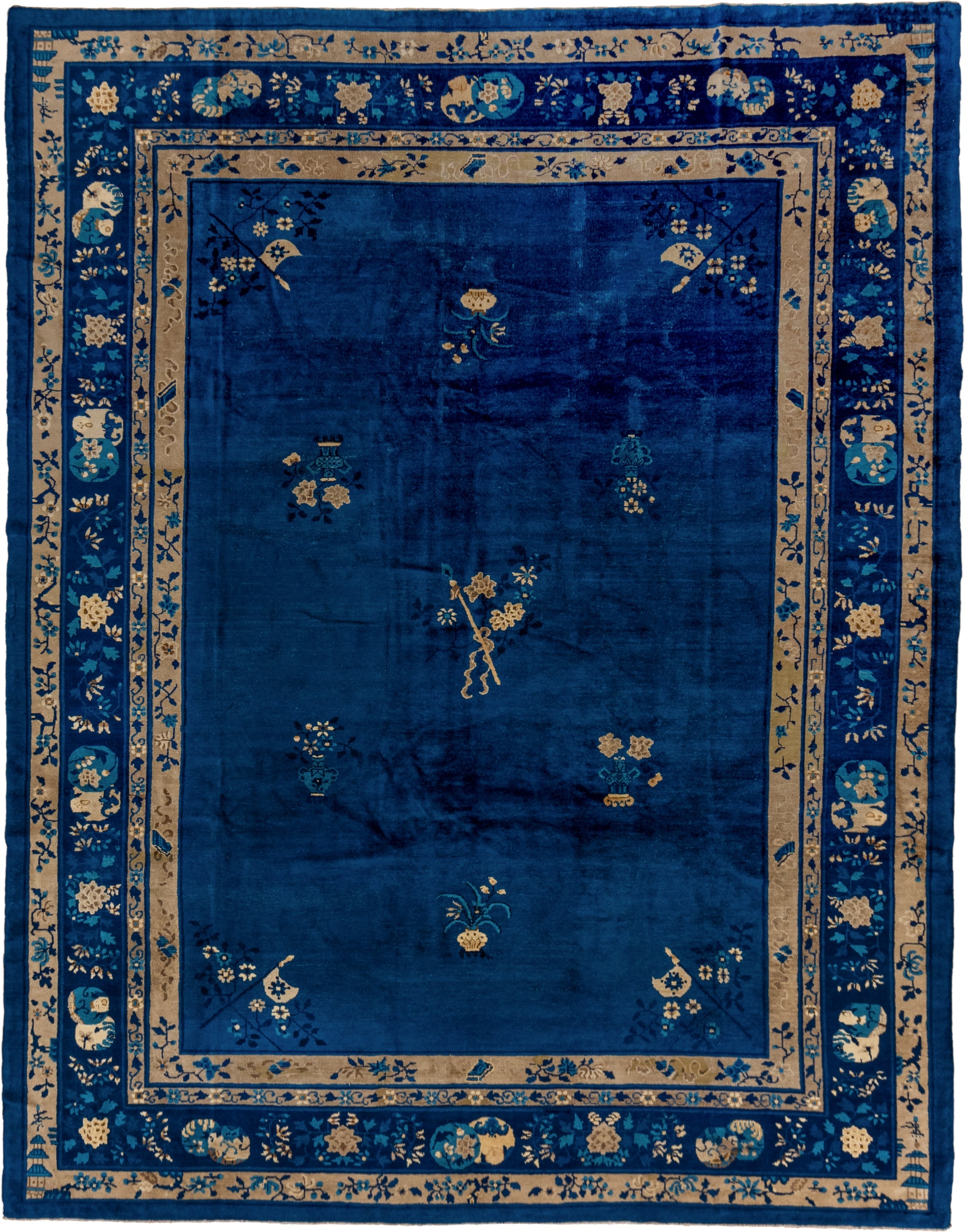 9' x 12' one-of-a-kind handmade antique Chinese large size rug. Color palette: cobalt, ivory, navy, teal, camel, charcoal