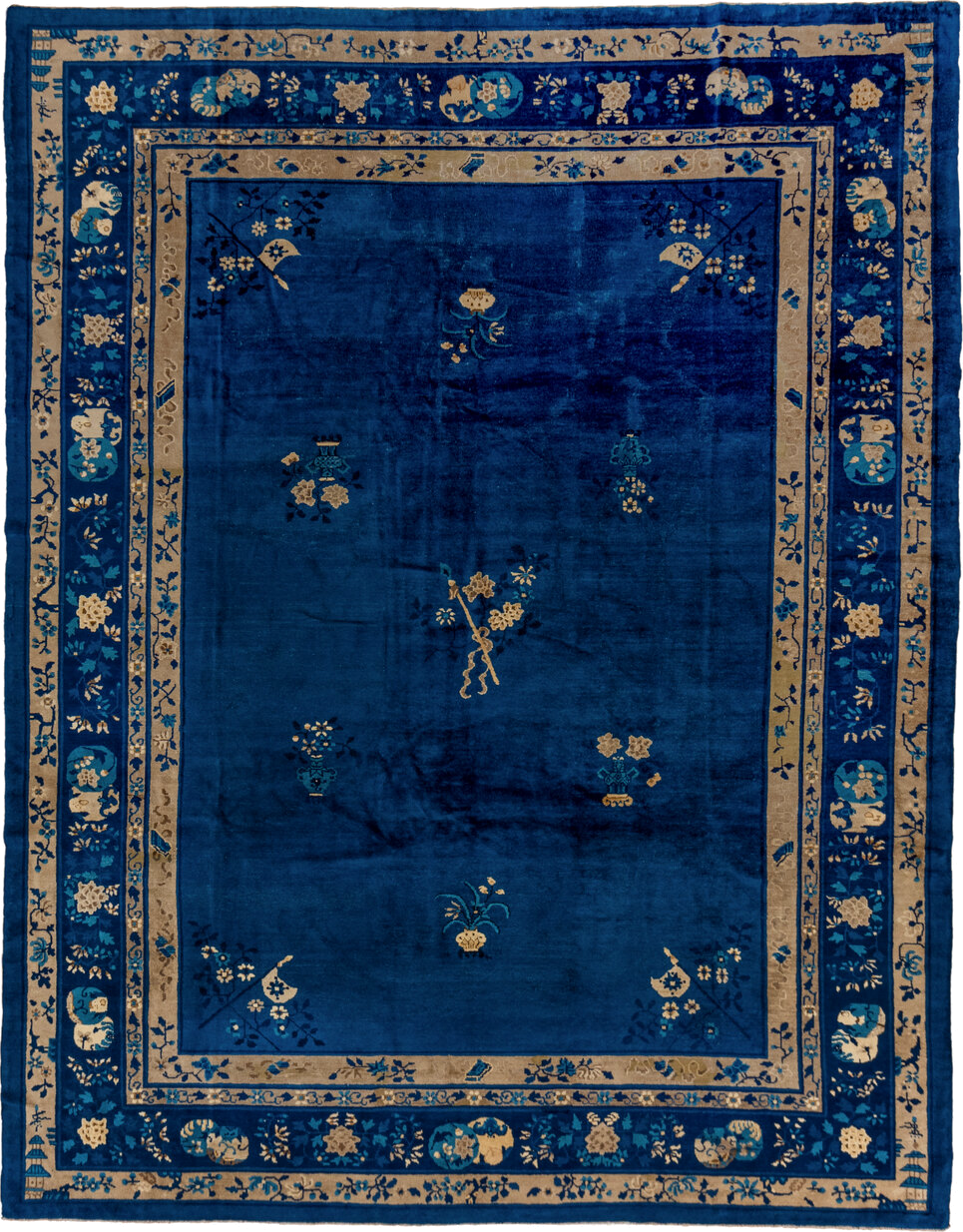 9' x 12' one-of-a-kind handmade antique Chinese large size rug. Color palette: cobalt, ivory, navy, teal, camel, charcoal