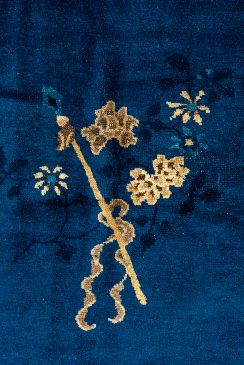 9' x 12' one-of-a-kind handmade antique Chinese large size rug. Color palette: cobalt, ivory, navy, teal, camel, charcoal