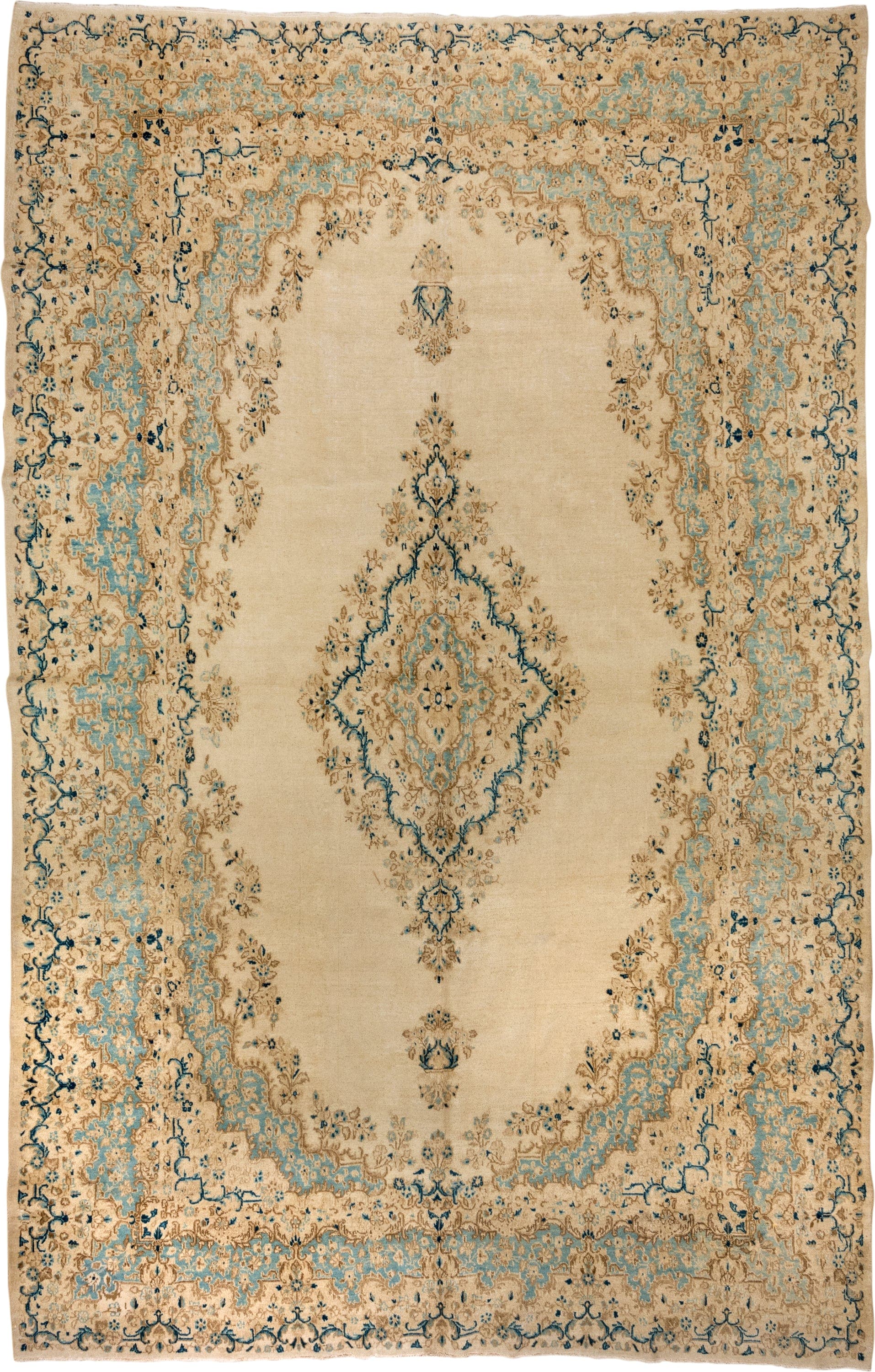 10' x 15' one-of-a-kind handmade antique Kazvin rug. Color palette: ivory, aqua, beige, navy, camel, taupe, teal, blue, gray