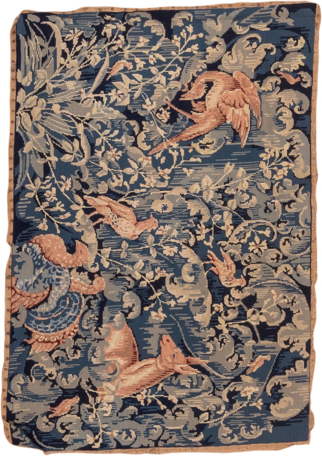 2' x 4' one-of-a-kind handmade vintage Needlepoint small size rug. Color palette: blue, ivory, rose, slate, taupe, navy