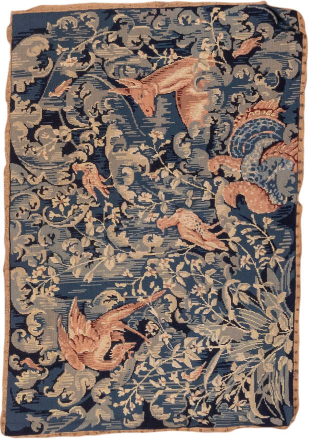 2' x 4' one-of-a-kind handmade vintage Needlepoint small size rug. Color palette: blue, ivory, rose, slate, taupe, navy