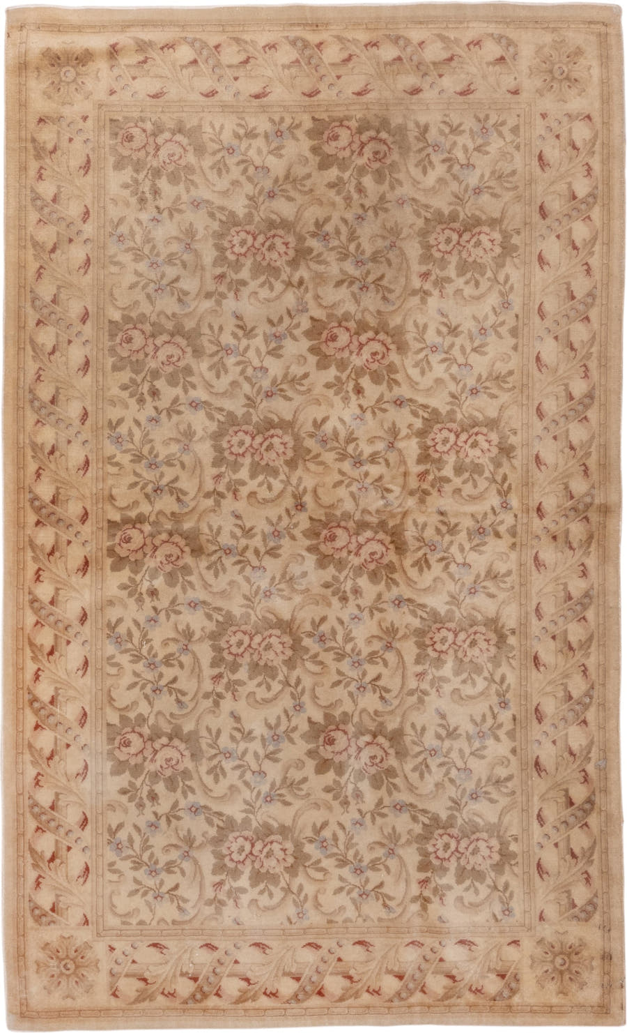 5' x 8' one-of-a-kind handmade antique Savonnerie medium size rug. Color palette: beige, ivory, taupe, rose, sage, camel