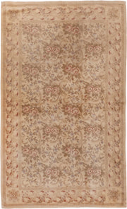 5' x 8' one-of-a-kind handmade antique Savonnerie medium size rug. Color palette: beige, ivory, taupe, rose, sage, camel